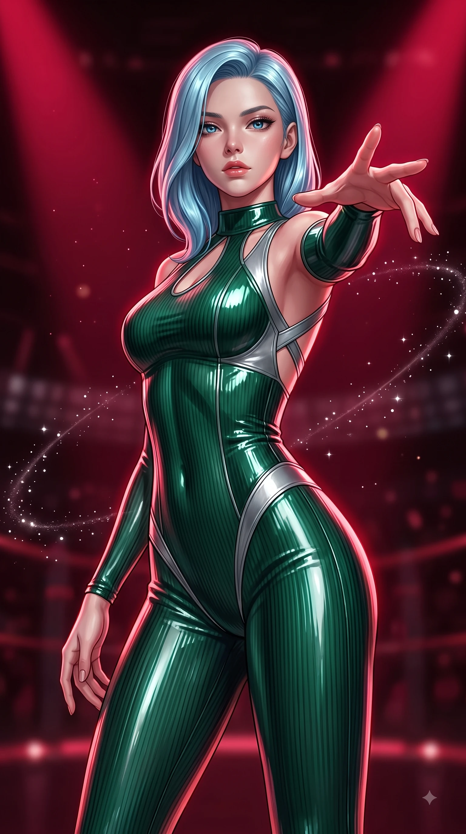 score_9, masterpiece, best quality, ultra-detailed, high-budget anime keyframe, editorial fashion photography, tasteful artistic composition, Korean woman. close-up cowboy shot from the waist and thighs up, the character dominates the composition, filling the frame with her large presence, background elements kept in soft focus. Reaching one arm gracefully toward the camera with magnetic poise, displaying her statuesque silhouette while poised in a dramatic low-angle stance as deep crimson theatrical spotlights isolate her figure, floating starlight dust drifting around her in dynamic orbital paths. She has an exceptionally elegant, slender, and willowy female figure with an ultra-slim waist, a gracefully sculpted slender torso, and a refined silhouette. sharp v-shaped jawline, high-bridge nose, intricate jewel-like eyes with depth, thick eyelashes, glossy lips with a natural sheen, flawlessly proportioned anatomical accuracy, natural body alignment, perfectly sculpted elegant limbs, clean dynamic posture without body distortion. wearing a form-fitting ribbed activewear set with elegant collar cutouts in deep emerald green and silver accent, tailored from high-gloss patent leather, complemented by criss-cross back straps highlighting her bare shoulders, the form-contouring material highlighting her ultra-slim waist and long lines. bathed in deep crimson theatrical lighting with sharp specular highlights on every curve. ultra-reflective glossy finish, specular highlights, metallic sheen, high-contrast stereoscopic depth, volumetric dynamic lighting, 2k, ultra detail, master piece, 9:16 ratio