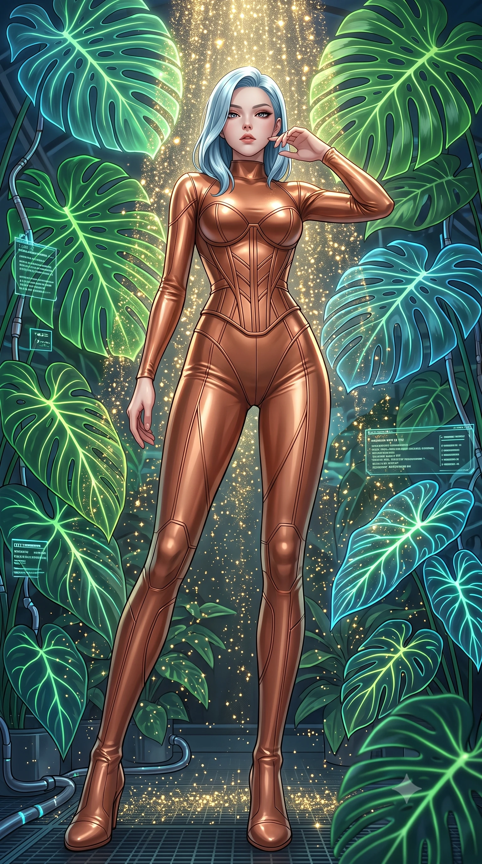 score_9, masterpiece, best quality, ultra-detailed, High-budget Anime Keyframe, East Asian woman. Low angle cowboy shot filling the entire 9:16 frame with her statuesque presence. Scenario 484: showering under a cascade of glittering gold stardust inside a cybernetic greenhouse filled with giant glowing tropical leaves. Her presence is magnetic and overpowering in this high-budget anime scene. Outfit 484: a slim-fit metallic copper matte vinyl catsuit layered over a structured corset bodice. The clothing is designed to emphasize her exceptionally tall and slender 8-heads proportion. 8-heads proportion, towering silhouette, ultra-slim waist. sharp v-shaped jawline, intricate jewel-like eyes with depth, thick eyelashes, glossy lips. 2k, ultra detail, master piece, 9:16 ratio