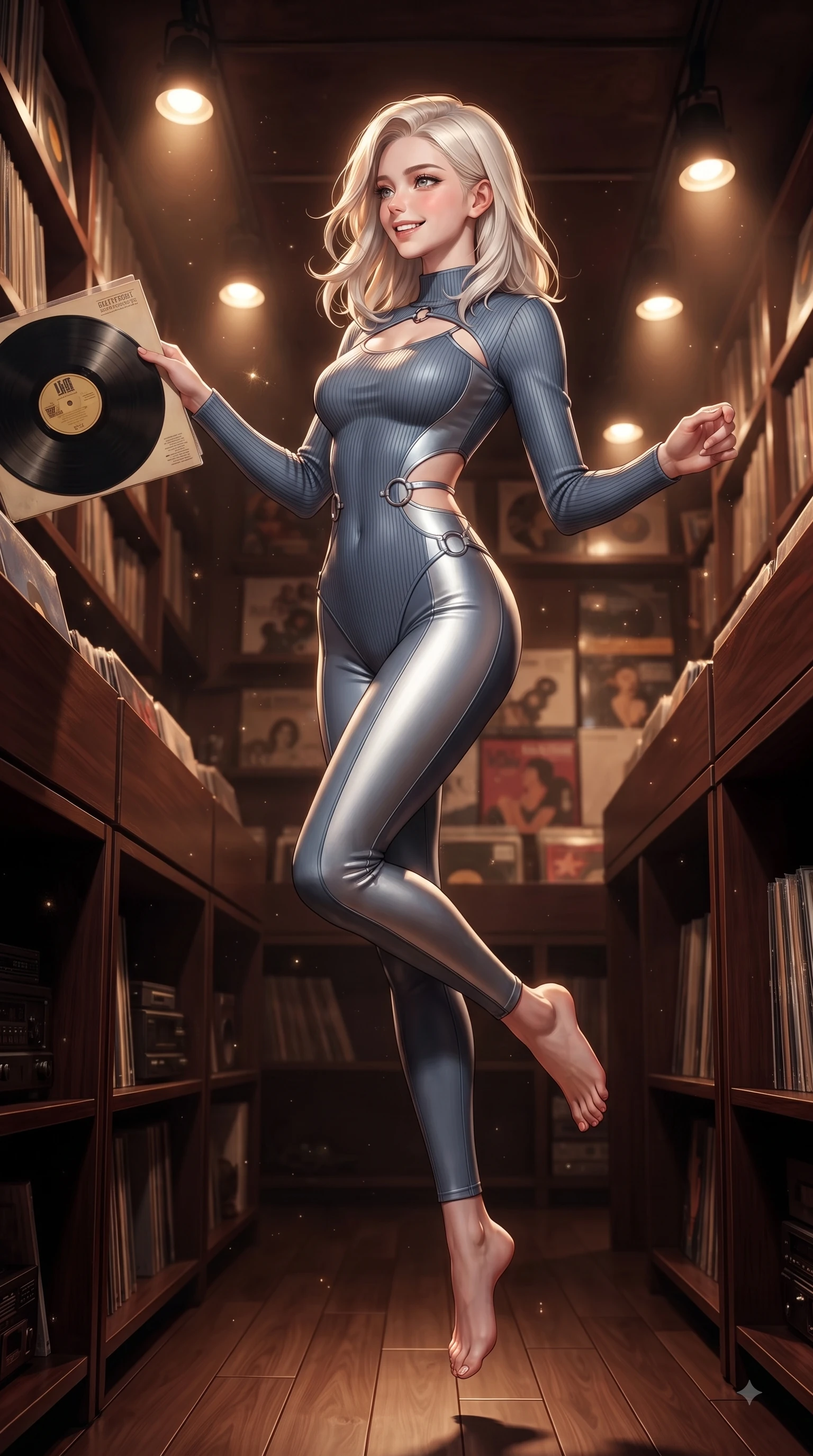 score_9, masterpiece, best quality, ultra-detailed, high-budget anime keyframe, editorial fashion photography, tasteful artistic composition, Caucasian woman. low angle full-body shot from head to toe showing her feet, filling the entire 9:16 vertical frame with her statuesque presence, stretching her vertical silhouette. performing a cheerful mid-air rotation with flawless poise, her radiant smile capturing fresh college girlhood energy while browsing vintage vinyl record albums in a cozy Hongdae LP bar with a sweet playful smile, soft record store dust sparkling gracefully in warm directional spotlights. She has an absolutely perfect, statuesque 8.5-heads proportion, an exceptionally tall and slender model-like female figure with impossibly long slender legs and an ultra-slim waist. sharp v-shaped jawline, high-bridge nose, intricate jewel-like eyes with depth, thick eyelashes, glossy lips with a natural sheen, flawlessly proportioned anatomical accuracy, natural body alignment, perfectly sculpted elegant limbs, clean dynamic posture without body distortion. wearing a form-fitting ribbed activewear set with elegant collar cutouts in slate blue and metallic silver, formed from sleek second-skin neoprene, accented with delicate chrome ring hardware framing her waist, the elegant draped fit framing her graceful clavicle and slender torso. illuminated by cozy directional spotlights and rich mahogany reflections. ultra-reflective glossy finish, specular highlights, metallic sheen, high-contrast stereoscopic depth, volumetric dynamic lighting, 2k, ultra detail, master piece, 9:16 ratio