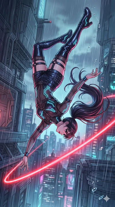 score_9, masterpiece, best quality, ultra-detailed, high-budget anime movie keyframe, cinematic anime lighting, intricate line art, Caucasian (strictly human ears) woman. Mid-air action shot capturing a graceful twist and vertical silhouette. perform