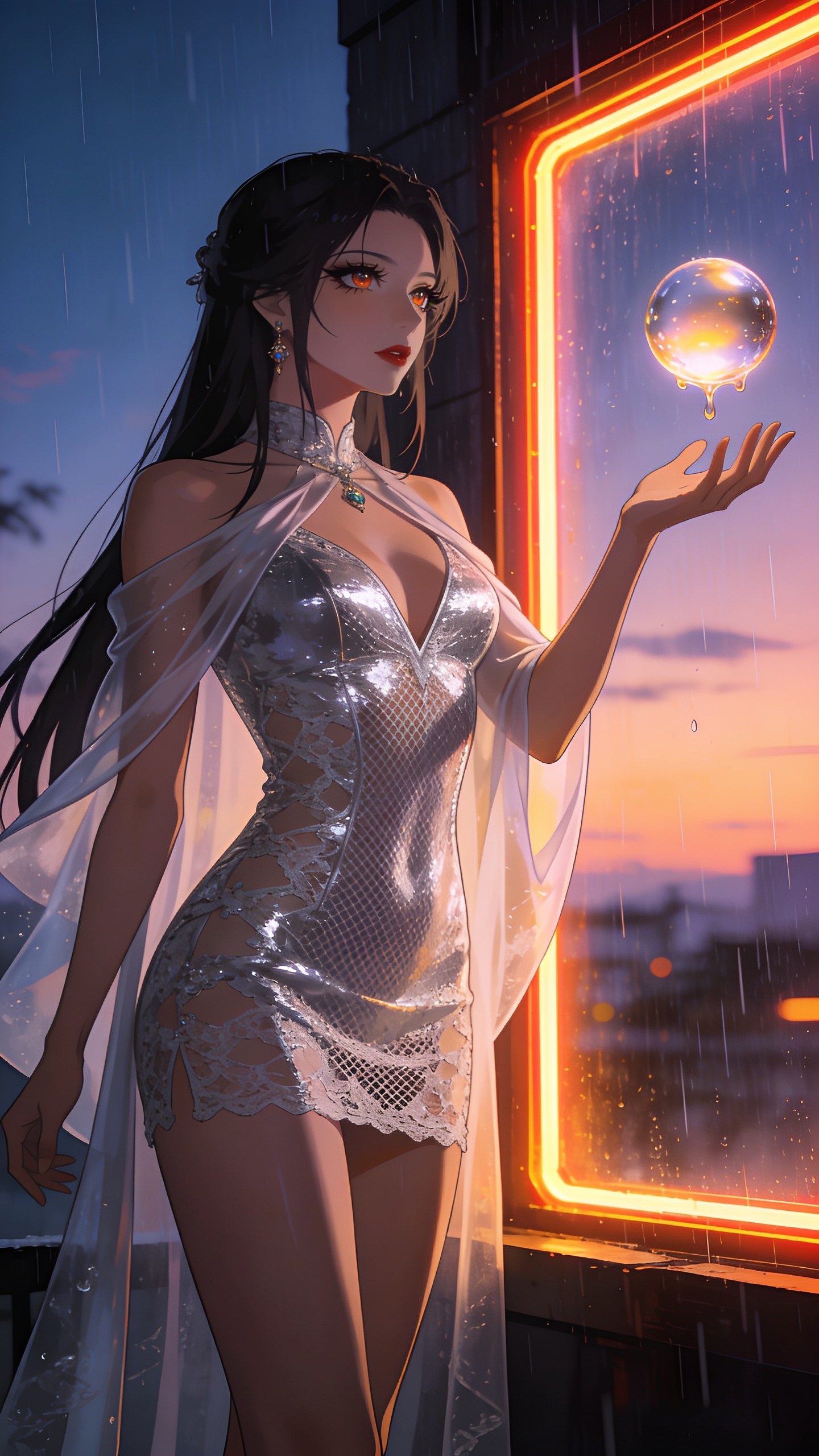 score_9, masterpiece, best quality, ultra-detailed, High-budget Anime Keyframe, East Asian woman. Dynamic full-body shot stretching the vertical silhouette to the limit. Scenario 470: reaching out to catch a floating sphere of liquid light in a glowing neon window at twilight with soft rain falling. Her presence is magnetic and overpowering in this high-budget anime scene. Outfit 470: a body-hugging liquid silver micro-mesh lace mini dress draped with a semi-transparent chiffon cape. The clothing is designed to emphasize her exceptionally tall and slender 8-heads proportion. 8-heads proportion, towering silhouette, ultra-slim waist. sharp v-shaped jawline, intricate jewel-like eyes with depth, thick eyelashes, glossy lips. 2k, ultra detail, master piece, 9:16 ratio