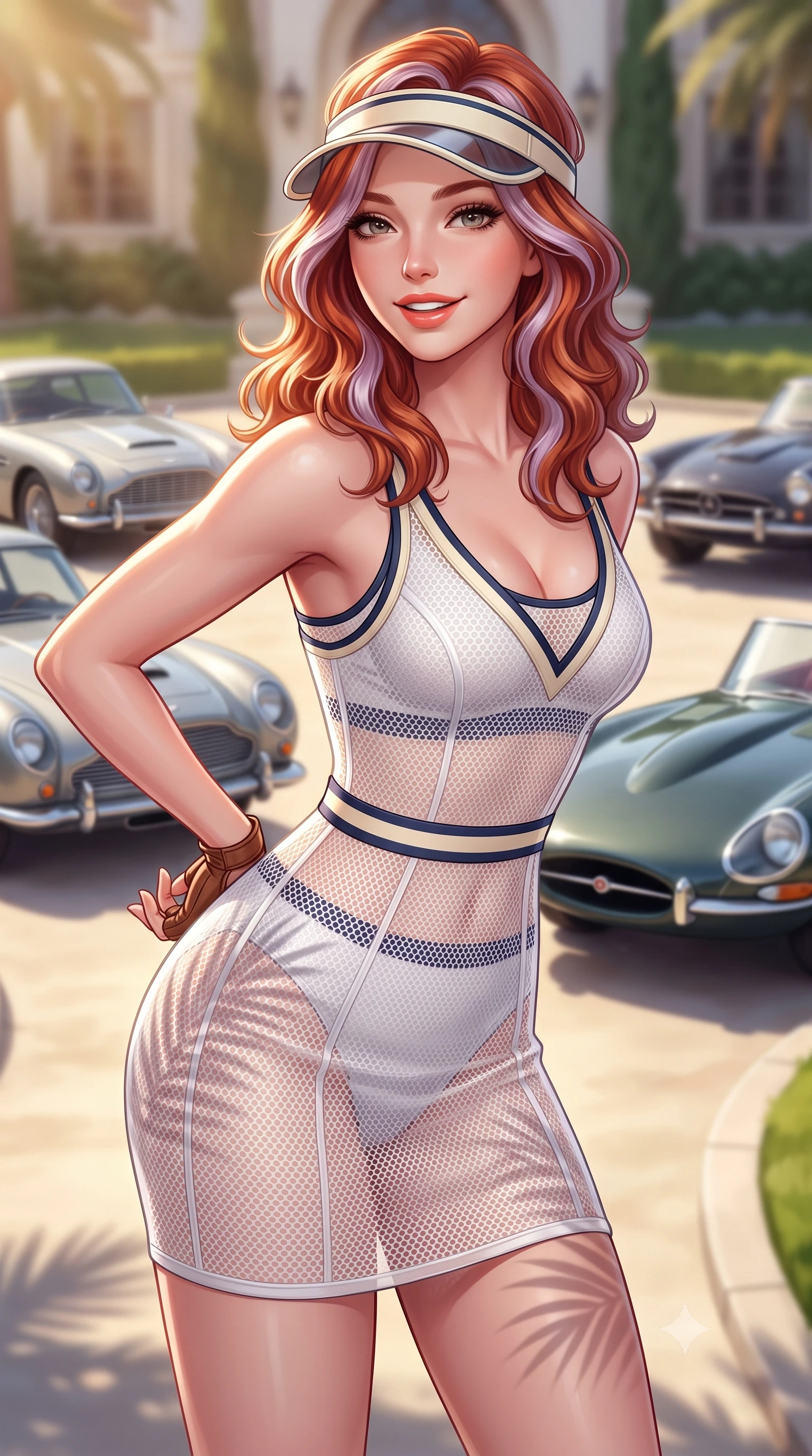 score_9, masterpiece, best quality, ultra-detailed, high-budget anime keyframe, semi-realistic 3D game render, editorial fashion photography, tasteful artistic composition, Caucasian woman. close-up cowboy shot from the waist and thighs up, the character dominates the composition, filling the frame with her large presence. resting both hands lightly behind her back while leaning toward the lens with a cheerful, teasing grin, her form-fitting athletic suit hugging her narrow waist and hip curve while twisting her slender torso in an alluring contrapposto stance, holding a tennis racket while California palm shadows trace her curvy hips. The background shows a soft-focus vintage sports cars parked along the circular driveway softened in golden age Hollywood shallow focus. She has an exceptionally elegant, slender, and willowy female figure with an ultra-slim waist, flat toned midriff, narrow ribcage, and sculpted feminine hips creating an alluring, slim hourglass silhouette without bulk. sharp v-shaped jawline, high-bridge nose, sparkling eyes with athletic focus and depth, thick curled eyelashes, glossy parted lips with a natural coral-peach sheen, bright confident and coquettish smile with alluring bedroom-eyes, exuding both youthful sporty vigor and sovereign high-society glamour, flawlessly proportioned anatomical accuracy, strict slender model proportions, natural body alignment, perfectly sculpted long slender limbs, ultra-slim waistline, clean dynamic posture without body distortion. wearing a delicate semi-sheer white mesh tennis slip dress layered over a matching sports bra, hugging her slender waist and hips in retro tennis cream and navy blue stripes, woven from semi-opaque performance athletic mesh with hexagonal micro-perforations, accented with a sporty retro tennis visor and fingerless leather driving gloves, the form-fitting tailored bodice adhering flawlessly to her sculpted flat midriff and slender torso, emphasizing her long leg lines and perfectly proportioned willowy build. illuminated by water caustic bounce and sharp platinum rim lights defining her sculpted collarbones, ultra-slim waist, and curvy hips. highly saturated vibrant anime colors, detailed shading with soft gradients, rich glossy textures, high-contrast stereoscopic depth, volumetric dynamic lighting, master piece, 9:16 ratio