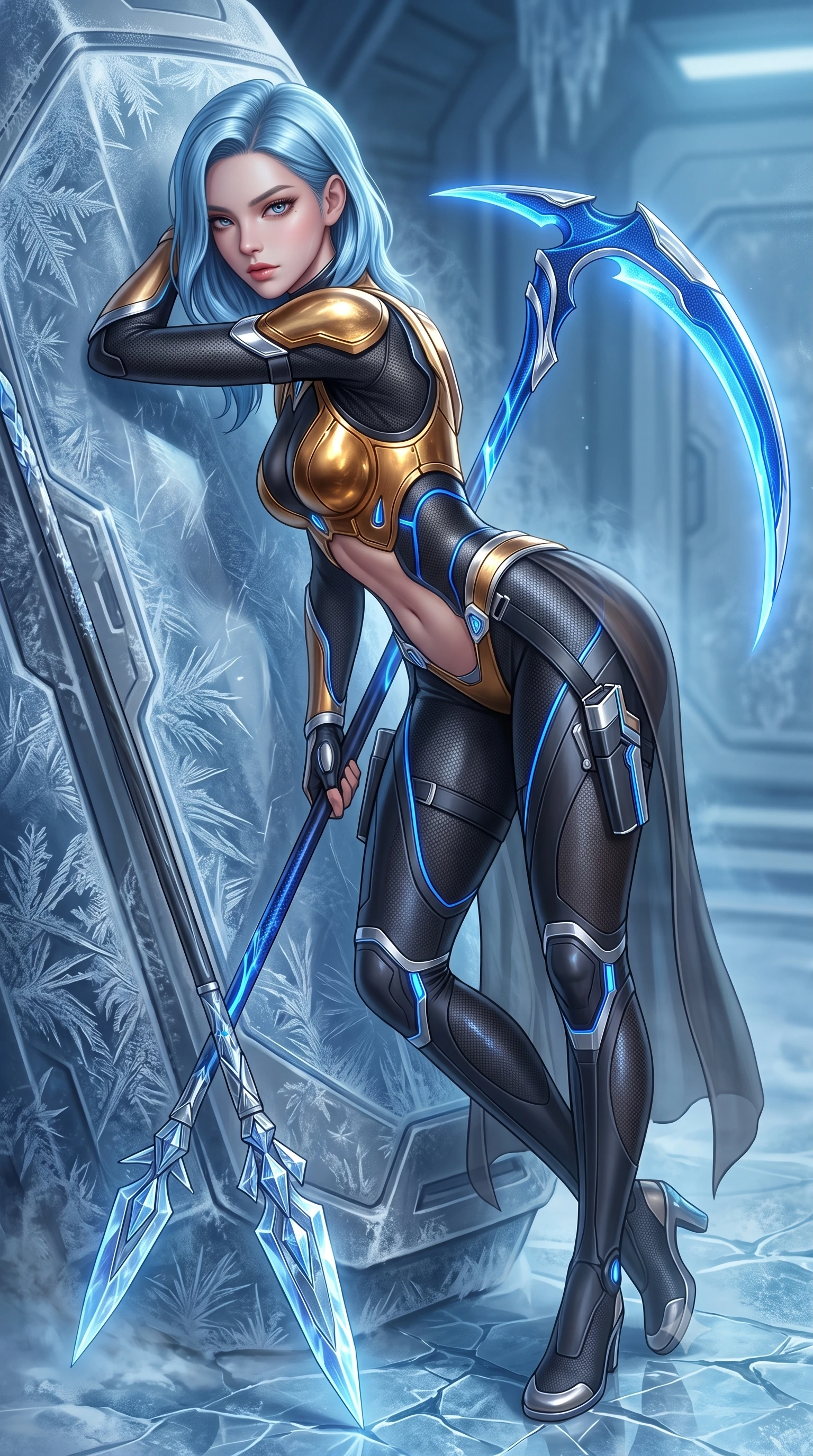 score_9, masterpiece, best quality, ultra-detailed, high-budget anime keyframe, semi-realistic 3D game render, editorial fashion photography, tasteful artistic composition, Korean woman. close-up cowboy shot from the waist and thighs up, the character dominates the composition, filling the frame with her large presence. stretching forward with an alluring arch of her spine, glancing over her shoulder with divine self-assurance and magnetic intensity while resting against a frozen stasis pod with the spear grounded, casting a cool, smoldering gaze through ice-crystal mist. The surrounding environment is rendered in vivid detail and crisp panoramic clarity. intricate crystalline spearhead facets, razor-sharp frost patterns on armor, and cracked ice on floor in deep focus. She has an exceptionally elegant, slender, and willowy female figure with an ultra-slim waist, a gracefully sculpted slender torso, toned flat midriff, and a refined slim silhouette. sharp v-shaped jawline, high-bridge nose, intricate jewel-like eyes with depth, thick eyelashes, glossy lips with a natural sheen, flawlessly proportioned anatomical accuracy, strict slender model proportions, natural body alignment, perfectly sculpted long slender limbs, ultra-slim waistline, clean dynamic posture without body distortion. wearing a sculpted molten-gold and dark carbon cuirass paired with high-mobility combat leggings and sheer side drapes, wielding a glowing plasma energy scythe with fluid grace in electric cobalt blue carbon with polished platinum trim, tailored from flexible second-skin carbon-mesh that clings flawlessly to her athletic curves, detailed with magnetic weapon holsters and polished chrome connection clasps, the form-contouring material adhering flawlessly to her sculpted flat midriff and slender torso, emphasizing her long leg lines and perfectly proportioned willowy build. surrounded by a cool, lethal, and breathtakingly alluring frost-goddess special-operative aura. rich saturated anime colors with glowing neon highlights, detailed shading with soft gradients, rich glossy textures, high-contrast stereoscopic depth, volumetric dynamic lighting, master piece, 9:16 ratio