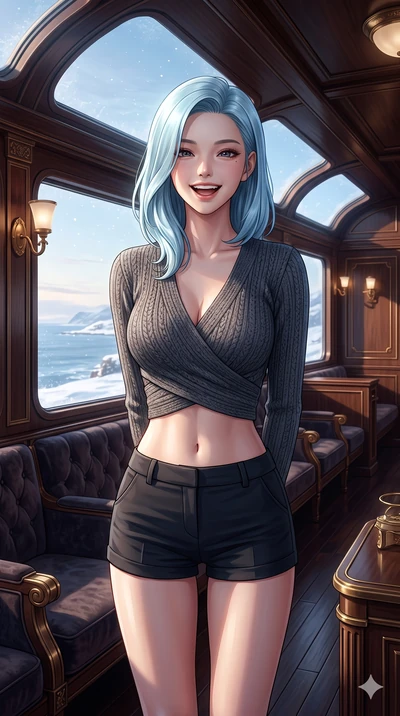score_9, masterpiece, best quality, ultra-detailed, high-budget anime keyframe, vibrant anime aesthetic, Korean woman. cowboy shot from the thighs up, character and outfit filling the frame for maximum presence. She is posing with a cheerful winter l