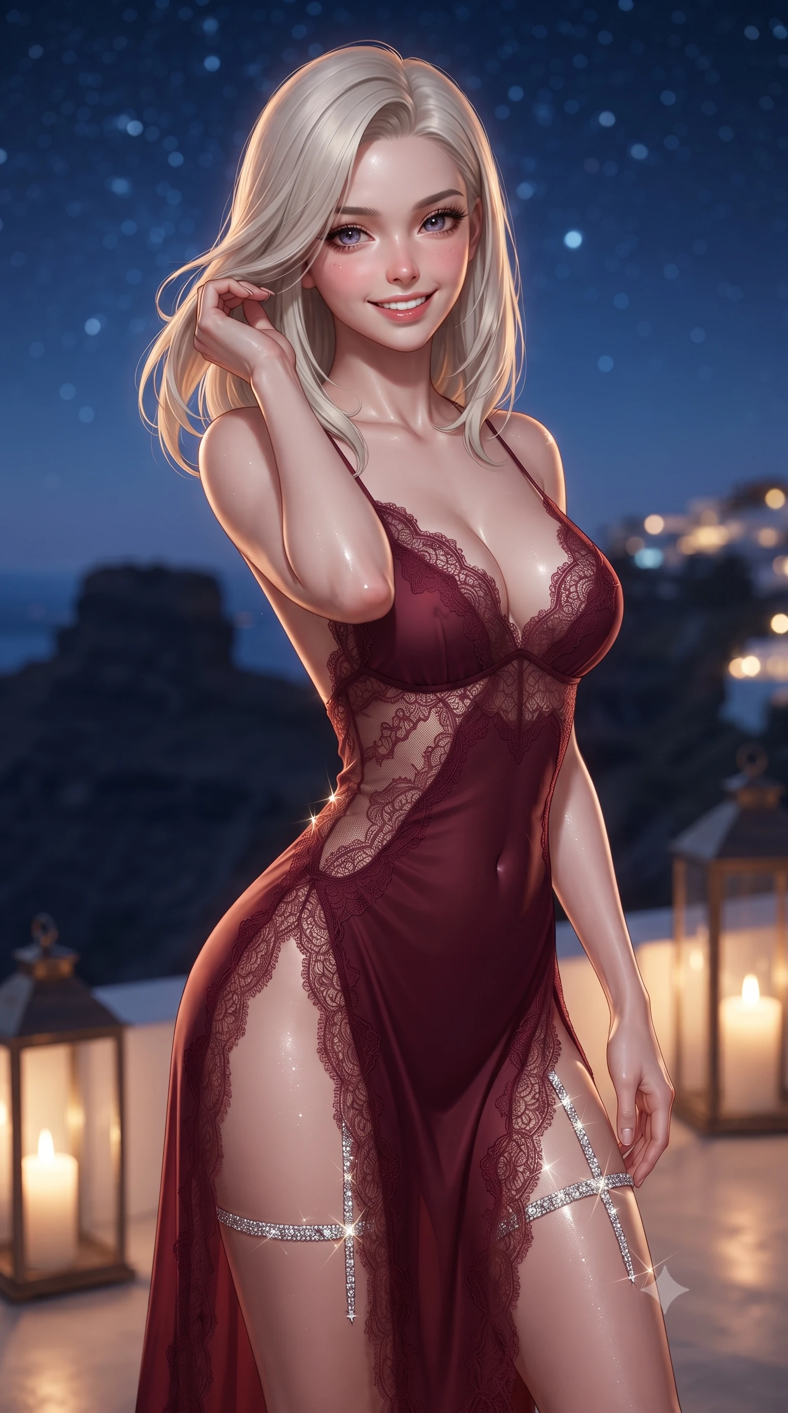 score_9, masterpiece, best quality, ultra-detailed, high-budget anime keyframe, editorial fashion photography, tasteful artistic composition, Caucasian woman. close-up cowboy shot from the waist and thighs up, the character dominates the composition, filling the frame with her large presence. gently brushing a lock of hair behind her ear while casting a playful, flirtatious side-gaze with long eyelashes while twisting her slender torso in an alluring S-curve beside the outdoor daybed, starlight and candle flame tracing her narrow waist and hips. The background shows a soft-focus rugged silhouette of historic Skaros Rock jutting into the midnight Aegean, distant lights of Thira town, and starry heavens blurred into indigo, diamond, and topaz bokeh. She has an exceptionally elegant, slender, and willowy female figure with an ultra-slim waist, flat toned midriff, narrow ribcage, and sculpted feminine hips creating an alluring, slim hourglass silhouette without bulk. sharp v-shaped jawline, high-bridge nose, intricate jewel-like sparkling eyes with depth, thick eyelashes, glossy parted lips with a natural peach sheen, bright cheerful beaming smile with an enchanting and coquettish sensual glint, exuding both youthful cute charm and seductive allure, flawlessly proportioned anatomical accuracy, strict slender model proportions, natural body alignment, perfectly sculpted long slender limbs, ultra-slim waistline, clean dynamic posture without body distortion. wearing a form-contouring gossamer silk chiffon slip dress with a hip-high slit and open back, clinging smoothly with dewy moisture in French boudoir bordeaux wine and gilded bronze, made of delicate semi-sheer French Chantilly lace with intricate eyelash edges, finished with delicate crystal-encrusted thigh garter straps glinting in the dim light, the glove-like clinging cut tightly following the natural contour of her hips and long slender legs with youthful 8.5-heads elegance. bathed in the flickering warm 2200K glow of oversized hurricane candle lanterns mixed with brilliant Mediterranean starlight. ultra-reflective glossy finish, specular highlights, rich textural contrasts, high-contrast stereoscopic depth, volumetric dynamic lighting, 2k, ultra detail, master piece, 9:16 ratio