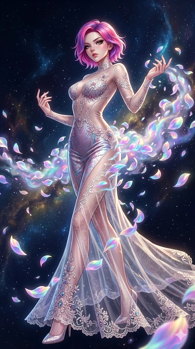score_9, masterpiece, best quality, ultra-detailed, High-budget Anime Keyframe, East Asian woman. Low angle cowboy shot filling the entire 9:16 frame with her statuesque presence. Scenario 181: Dissolving into a cloud of iridescent silk petals in a v