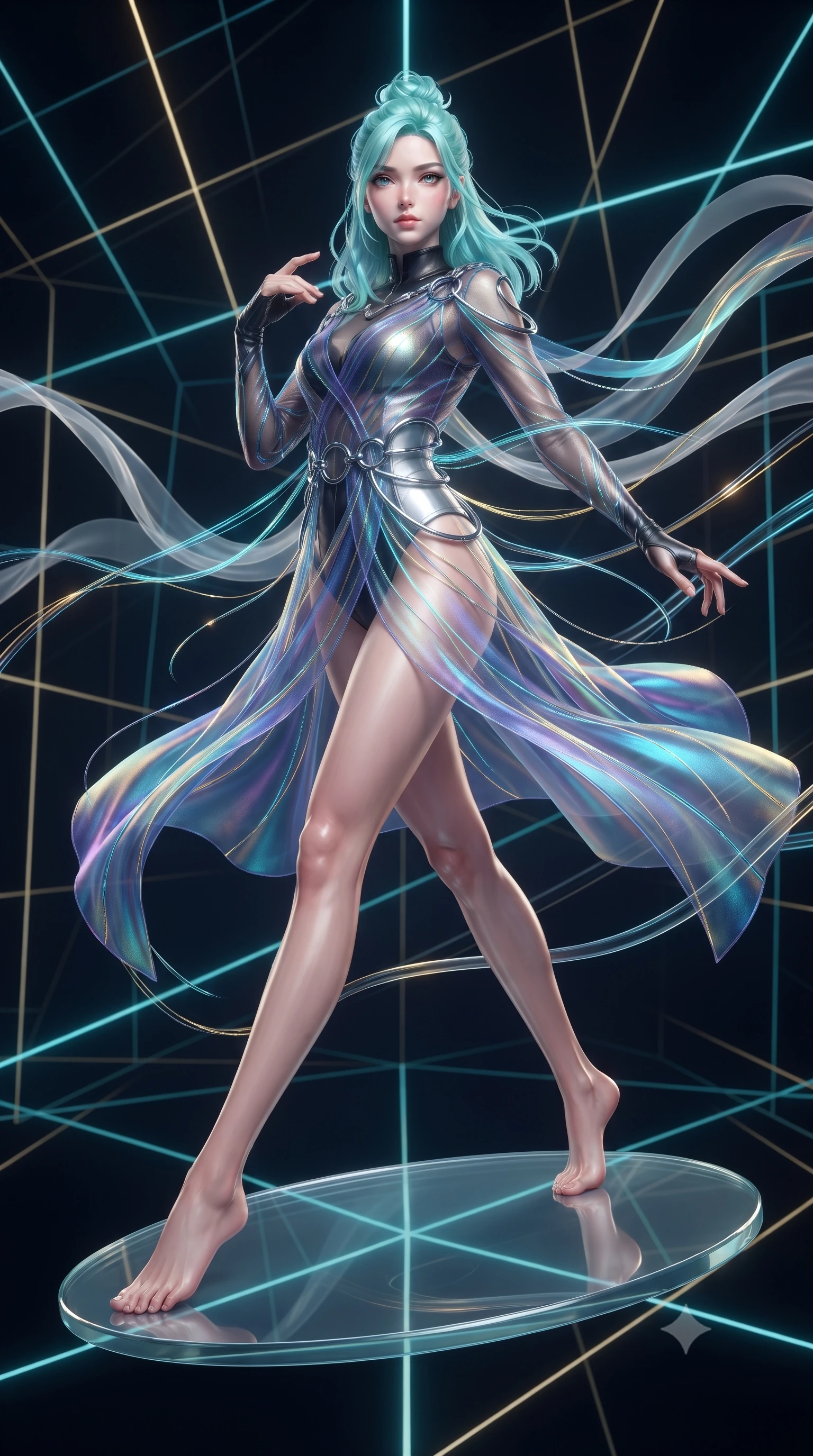 score_9, masterpiece, best quality, ultra-detailed, high-budget anime keyframe, editorial fashion photography, tasteful artistic composition, Japanese woman. low angle full-body shot from head to toe showing her feet, filling the entire 9:16 vertical frame with her statuesque presence, stretching her vertical silhouette. forging dynamically through the scene, her vertical silhouette beautifully stretched poised on a floating glass disk suspended inside a geometric light matrix, translucent silk ribbons swirling around her body like light streams. She has an absolutely perfect, statuesque 8.5-heads proportion, an exceptionally tall and slender model-like female figure with impossibly long slender legs and an ultra-slim waist. sharp v-shaped jawline, high-bridge nose, intricate jewel-like eyes with depth, thick eyelashes, glossy lips with a natural sheen. wearing a semi-opaque sheer overlay dress over a leather micro-bodysuit in matte black and polished silver, crafted from iridescent chiffon that shifts colors in the light, accented with delicate chrome ring hardware framing her waist, the glove-like fit emphasizing her statuesque silhouette. illuminated by the brilliant glow of cyan and gold luminescent threads. ultra-reflective glossy finish, specular highlights, metallic sheen, high-contrast stereoscopic depth, volumetric dynamic lighting, 2k, ultra detail, master piece, 9:16 ratio