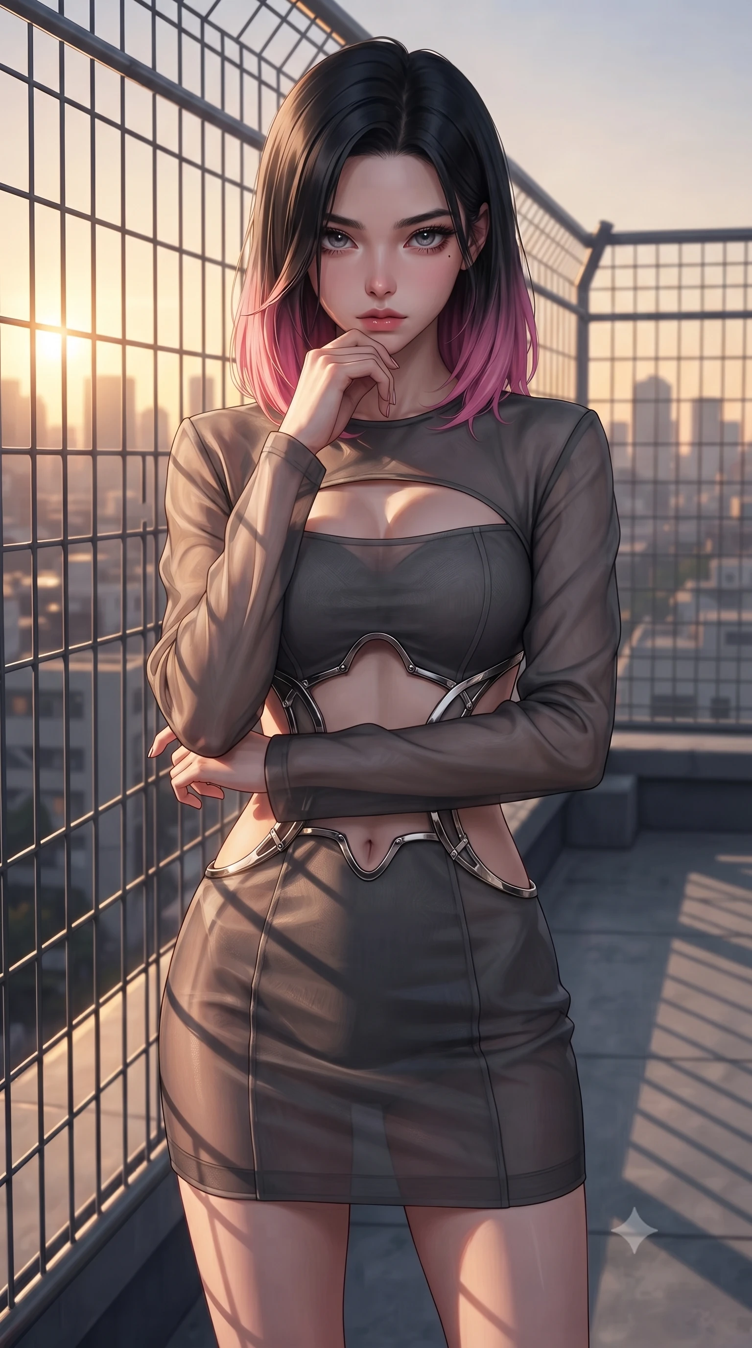 score_9, masterpiece, best quality, ultra-detailed, high-budget anime keyframe, editorial fashion photography, tasteful artistic composition, Korean woman. close-up cowboy shot from the waist and thighs up, the character dominates the composition, filling the frame with her large presence, background elements kept in soft focus. Resting her chin on the backs of her fingers, casting a sharp, mysterious gaze standing by the metal fence of a high school rooftop overlooking a sunset city skyline, golden hour sunbeams casting dramatic fence grid shadows on the roof deck. She has an exceptionally elegant, slender, and willowy female figure with an ultra-slim waist, a gracefully sculpted slender torso, and a refined silhouette. sharp v-shaped jawline, high-bridge nose, intricate jewel-like eyes with depth, thick eyelashes, glossy lips with a natural sheen. wearing a dramatic open-waist cutout mini dress framed by sculptural hardware in charcoal grey and platinum, woven from fine semi-opaque sheer organza, accented with a Tasteful chest slit framing her clavicle gracefully, the tailored fabric tightly following every curve of her athletic build. surrounded by a serene, nostalgic golden aura with soft backlighting. ultra-reflective glossy finish, specular highlights, metallic sheen, high-contrast stereoscopic depth, volumetric dynamic lighting, 2k, ultra detail, master piece, 9:16 ratio