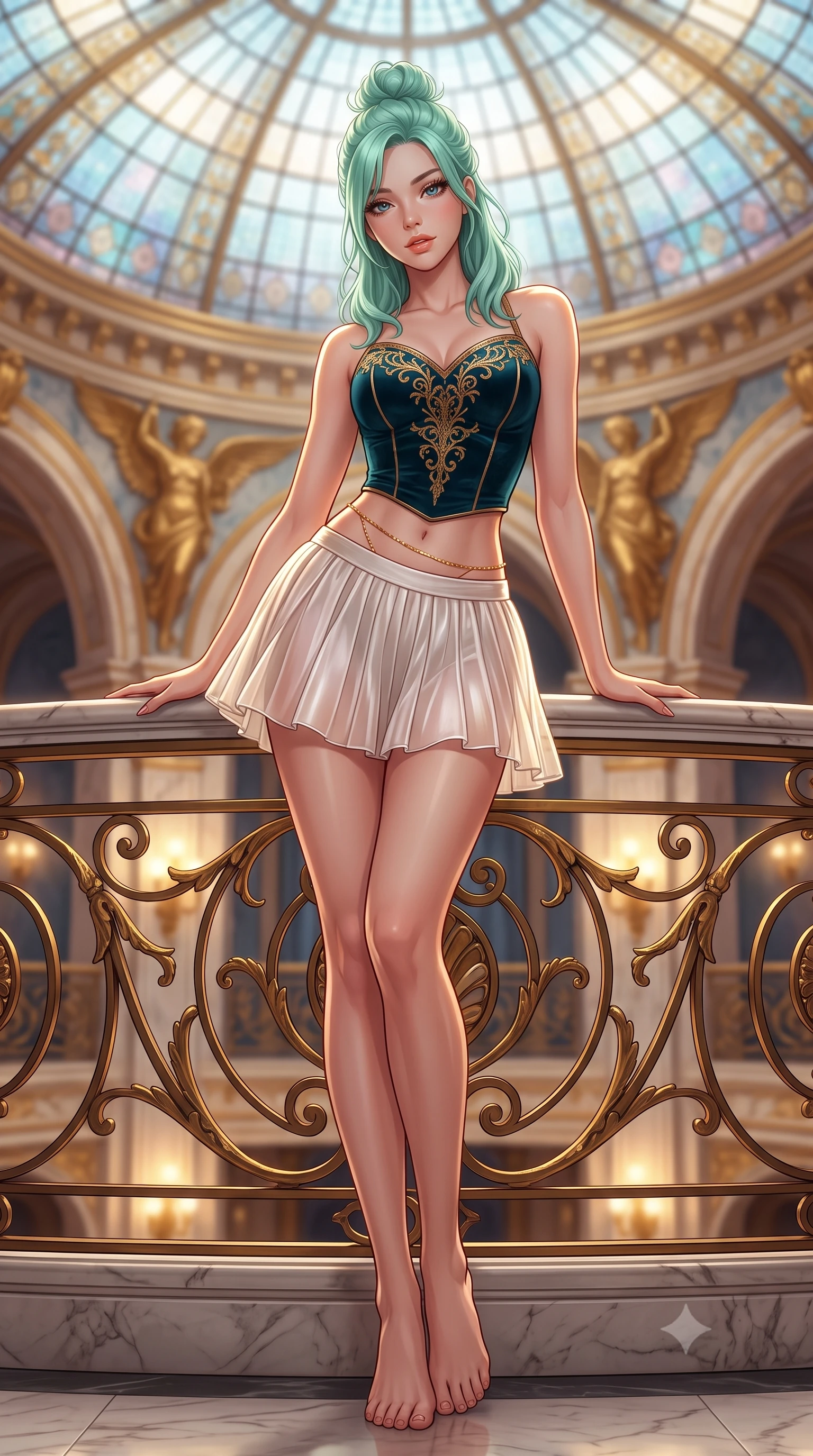 score_9, masterpiece, best quality, ultra-detailed, high-budget anime keyframe, semi-realistic 3D game render, editorial fashion photography, tasteful artistic composition, Japanese woman. low angle full-body shot from head to toe showing her feet, filling the entire 9:16 vertical frame with her statuesque presence, stretching her vertical silhouette. leaning deep against the balcony balustrade with hips cocked back in an unapologetically alluring high-fashion stance, casting an intoxicating glance while standing centered in the circular salon under the mosaic dome, arching her spine with breathtaking classical sculpture grace. The background shows a soft-focus circular glass mosaic ceiling dome, gilded sculptured figures, and marble arches blurred into gold, azure, and rose-quartz bokeh. She has an absolutely perfect, statuesque 8.5-heads proportion, an exceptionally tall and slender model-like female figure with impossibly long slender legs, an ultra-slim waist, a flat toned midriff, narrow delicate ribcage, and beautifully sculpted feminine hips creating a graceful, slim hourglass silhouette without any bulky heaviness. sharp v-shaped jawline, high-bridge nose, sparkling eyes with hypnotic seductive depth, thick curled eyelashes, glossy parted lips with a natural dewy peach sheen, alluring bedroom-eyes with an enchanting coquettish smile, exuding magnetic siren charisma and sophisticated glamour, flawlessly proportioned anatomical accuracy, strict slender model proportions, natural body alignment, perfectly sculpted long slender limbs, ultra-slim waistline, clean dynamic posture without body distortion. wearing a structured velvet ballet bodice with gold filigree embroidery paired with an airy knife-pleated organza mini skirt in pure pearl alabaster with liquid platinum sheen, tailored from ultra-plush velvet with rich tactile depth and deep shadow gradients, accented with a dainty gold belly chain resting across her flat midriff and curving hips, the liquid-tight tailored fabric clinging flawlessly to her narrow waist and rounded feminine hips, emphasizing every millimeter of her sculpted slim hourglass curves without any bulky heaviness. bathed in warm 2800K gilded sconce radiance reflecting off gold leaf and mosaic glass. highly saturated vibrant anime colors, detailed shading with soft gradients, rich glossy textures, high-contrast stereoscopic depth, volumetric dynamic lighting, master piece, 9:16 ratio