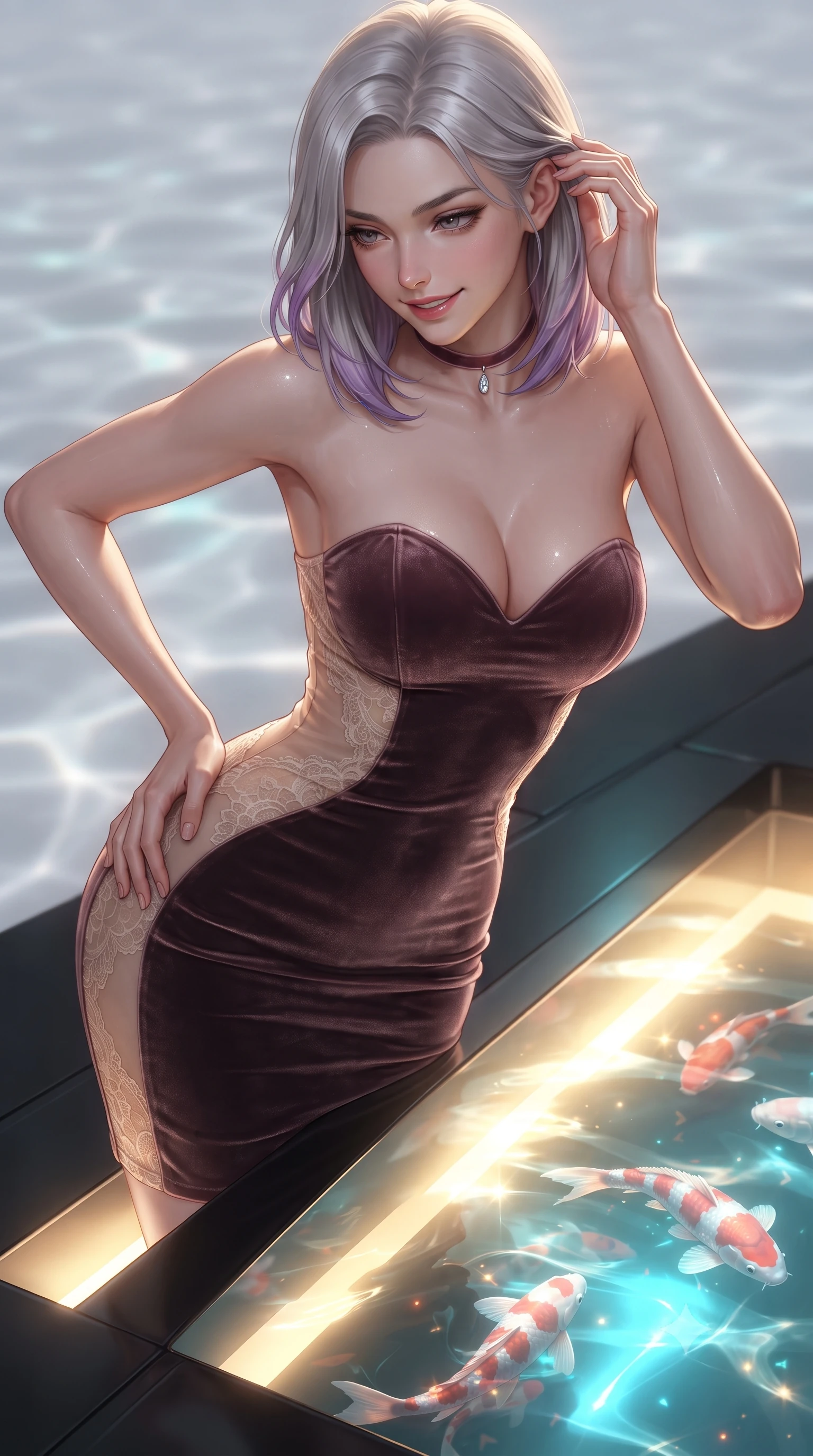 score_9, masterpiece, best quality, ultra-detailed, high-budget anime keyframe, editorial fashion photography, tasteful artistic composition, Caucasian woman. close-up cowboy shot from the waist and thighs up, the character dominates the composition, filling the frame with her large presence. twisting her slender torso in an alluring contrapposto stance, one hand resting on her sculpted hip while her fingers toy with her hair with effortless poise while leaning over the black titanium pool edge with hips cocked back, gazing at swimming digital holographic koi fish with an alluring smile. The background shows a soft-focus digital water ripple effects softened in avant-garde sci-fi shallow focus. She has an exceptionally elegant, slender, and willowy female figure with an ultra-slim waist, flat toned midriff, narrow ribcage, and sculpted feminine hips creating an alluring, slim hourglass silhouette without bulk. sharp v-shaped jawline, high-bridge nose, sparkling eyes with hypnotic seductive depth, thick curled eyelashes, glossy parted lips with a natural dewy peach sheen, alluring bedroom-eyes with an enchanting coquettish smile, exuding magnetic siren charisma and sophisticated glamour, flawlessly proportioned anatomical accuracy, strict slender model proportions, natural body alignment, perfectly sculpted long slender limbs, ultra-slim waistline, clean dynamic posture without body distortion. wearing a deep sweetheart-neckline velvet bodycon dress with sheer side-torso cutouts accentuating her hourglass curves in dusky blush pink and warm ivory lace, made of sheer gossamer chiffon that drapes softly against skin with airy translucence, finished with a thin velvet ribbon choker and a single teardrop diamond pendant, the form-contouring silhouette accentuating her sculpted flat midriff, narrow delicate ribcage, and gracefully curvy hips with intoxicating allure. bathed in brilliant golden and cyan light radiating upward from the submerged high-resolution digital pool floor. ultra-reflective glossy finish, specular highlights, rich textural contrasts, high-contrast stereoscopic depth, volumetric dynamic lighting, 2k, ultra detail, master piece, 9:16 ratio