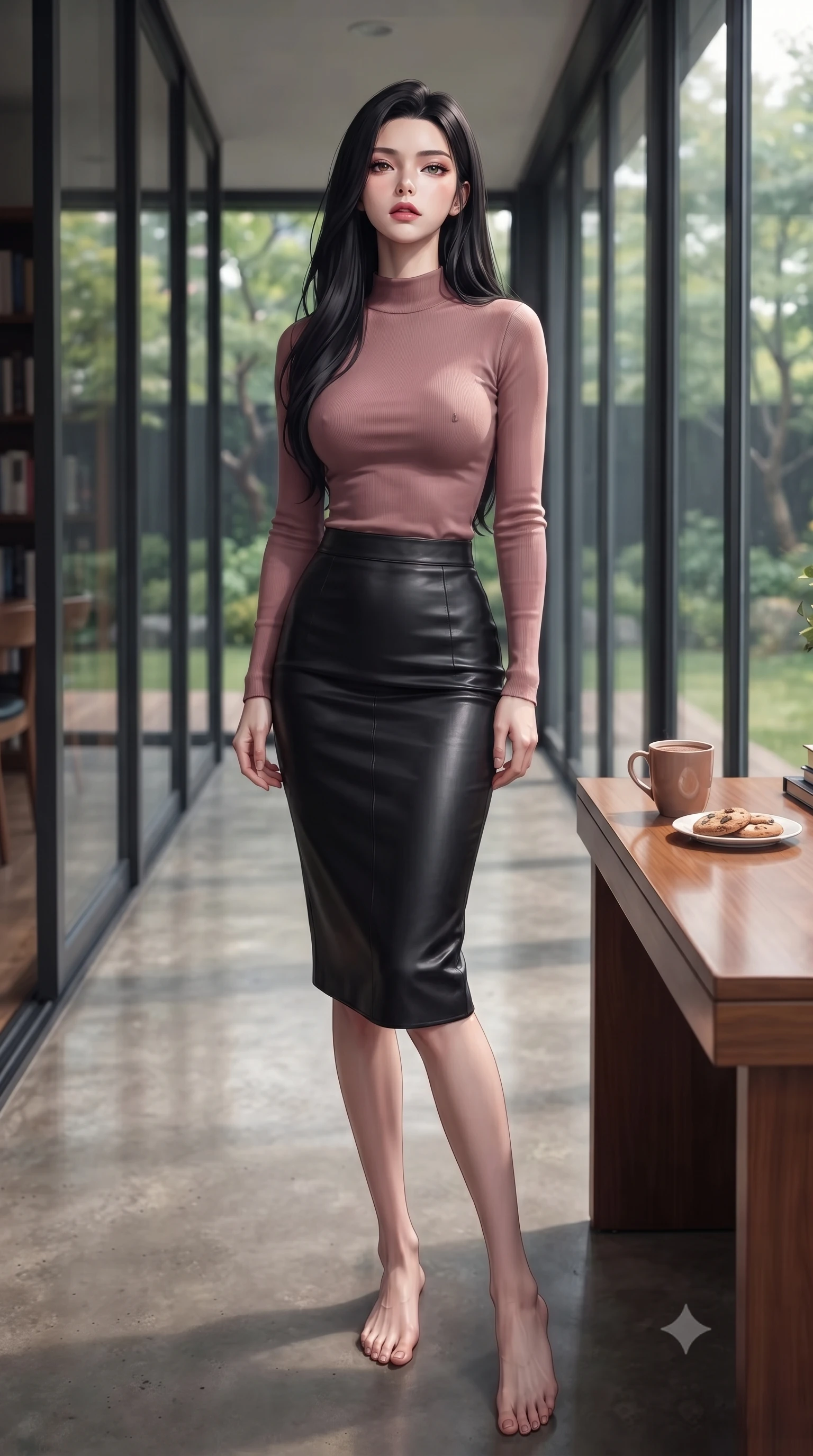 score_9, masterpiece, best quality, ultra-detailed, high-budget anime keyframe, editorial fashion photography, tasteful artistic composition, Korean woman. low angle full-body shot from head to toe showing her feet, filling the entire 9:16 vertical frame with her statuesque presence, stretching her vertical silhouette. standing in a captivating power pose, tilting her chin up with a smoldering, bright expression set against a soft-focus background of in a quiet library corridor with glass panels showing a peaceful garden outside with a warm mug of cocoa and a small plate of cookies on the desk. She has an absolutely perfect, statuesque 8.5-heads proportion, an exceptionally tall and slender model-like female figure with impossibly long slender legs and an ultra-slim waist. sharp v-shaped jawline, high-bridge nose, intricate jewel-like eyes with depth, thick eyelashes, glossy lips with a natural sheen. wearing slim-fit form-fitting long-sleeve mock-neck top in dusty rose, paired with a slim-fit leather midi skirt. soft afternoon daylight filtered through green leaves outside the window. highly saturated vibrant anime colors, detailed shading with soft gradients, rich glossy textures, high-contrast stereoscopic depth, volumetric dynamic lighting, master piece, 9:16 ratio