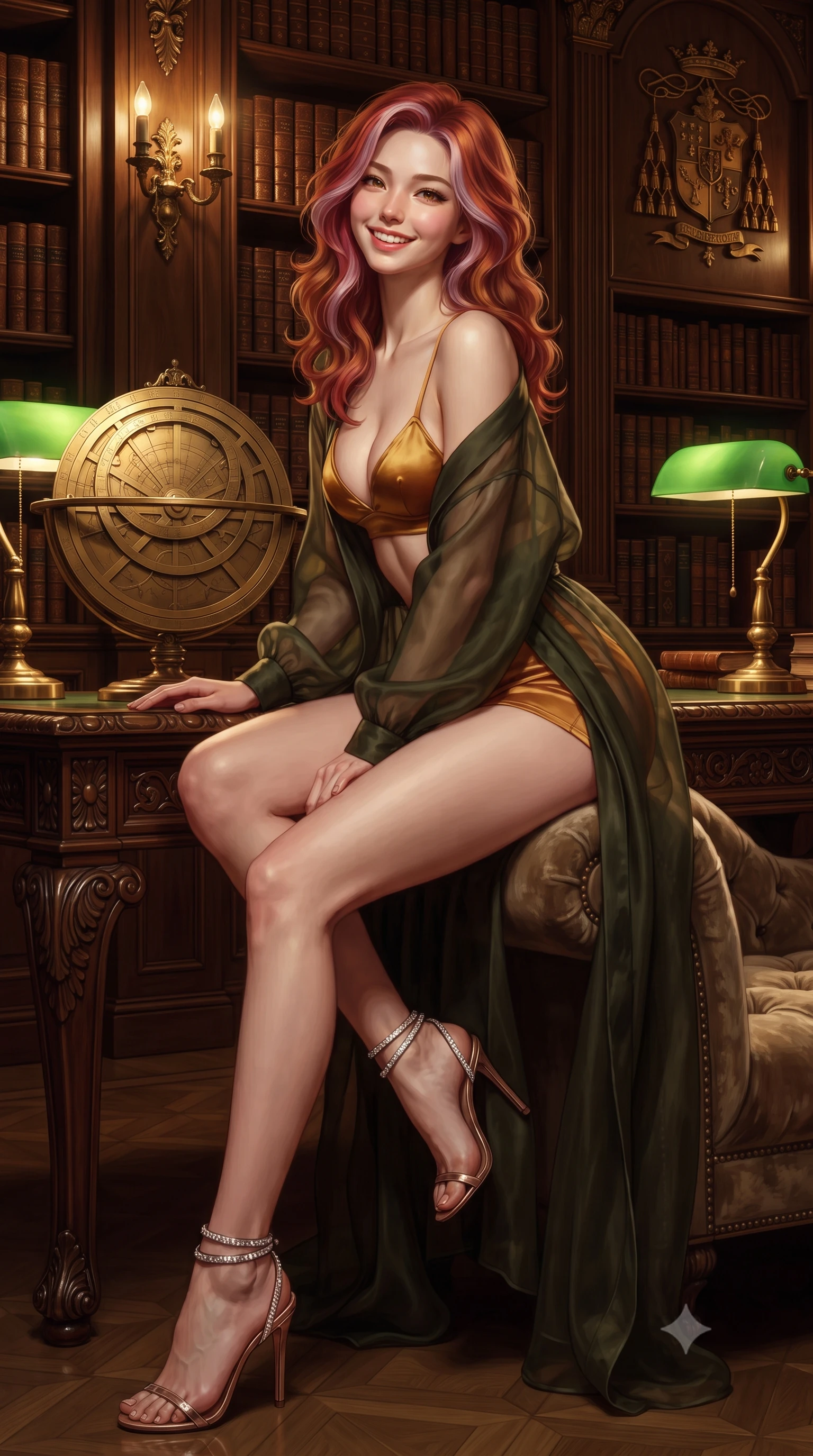 score_9, masterpiece, best quality, ultra-detailed, high-budget anime keyframe, editorial fashion photography, tasteful artistic composition, Caucasian woman. close-up cowboy shot from the waist and thighs up, the character dominates the composition, filling the frame with her large presence. perched sideways on the lounge seat, one knee drawn up to showcase her slender leg line while her arched back accentuates her feminine hip curve while twisting her slender torso in an alluring S-curve beside the brass astrolabe, warm library desk sconce light tracing her curves and flat midriff. The surrounding environment is rendered in vivid detail and crisp panoramic clarity: detailed outfit texture, fine fabric drape, and historic Jesuit Baroque craft in high resolution. She has an exceptionally elegant, slender, and willowy female figure with an ultra-slim waist, flat toned midriff, narrow ribcage, and sculpted feminine hips creating an alluring, slim hourglass silhouette without bulk. sharp v-shaped jawline, high-bridge nose, intricate jewel-like sparkling eyes with depth, thick eyelashes, glossy parted lips with a natural peach sheen, bright cheerful beaming smile with an enchanting and coquettish sensual glint, exuding both youthful cute charm and seductive allure, flawlessly proportioned anatomical accuracy, strict slender model proportions, natural body alignment, perfectly sculpted long slender limbs, ultra-slim waistline, clean dynamic posture without body distortion. wearing a sheer silk organza modern caftan robe worn loose and slipping off bare shoulders over a matching satin bralette and micro-shorts in Tuscan cypress dark olive and sunset amber gold, made of fluid liquid jersey with seamless sculpting hold and smooth contours, complemented by strappy stiletto sandals with crystal ankle wraps accentuating her slender calves, the liquid-tight tailored fabric clinging flawlessly to her narrow waist and rounded feminine hips, emphasizing every millimeter of her sculpted slim hourglass curves without any bulky heaviness. bathed in the warm, cozy 2400K illumination of green banker lamps and brass wall sconces dimmed to an intimate evening study glow. ultra-reflective glossy finish, specular highlights, rich textural contrasts, high-contrast stereoscopic depth, volumetric dynamic lighting, 2k, ultra detail, master piece, 9:16 ratio