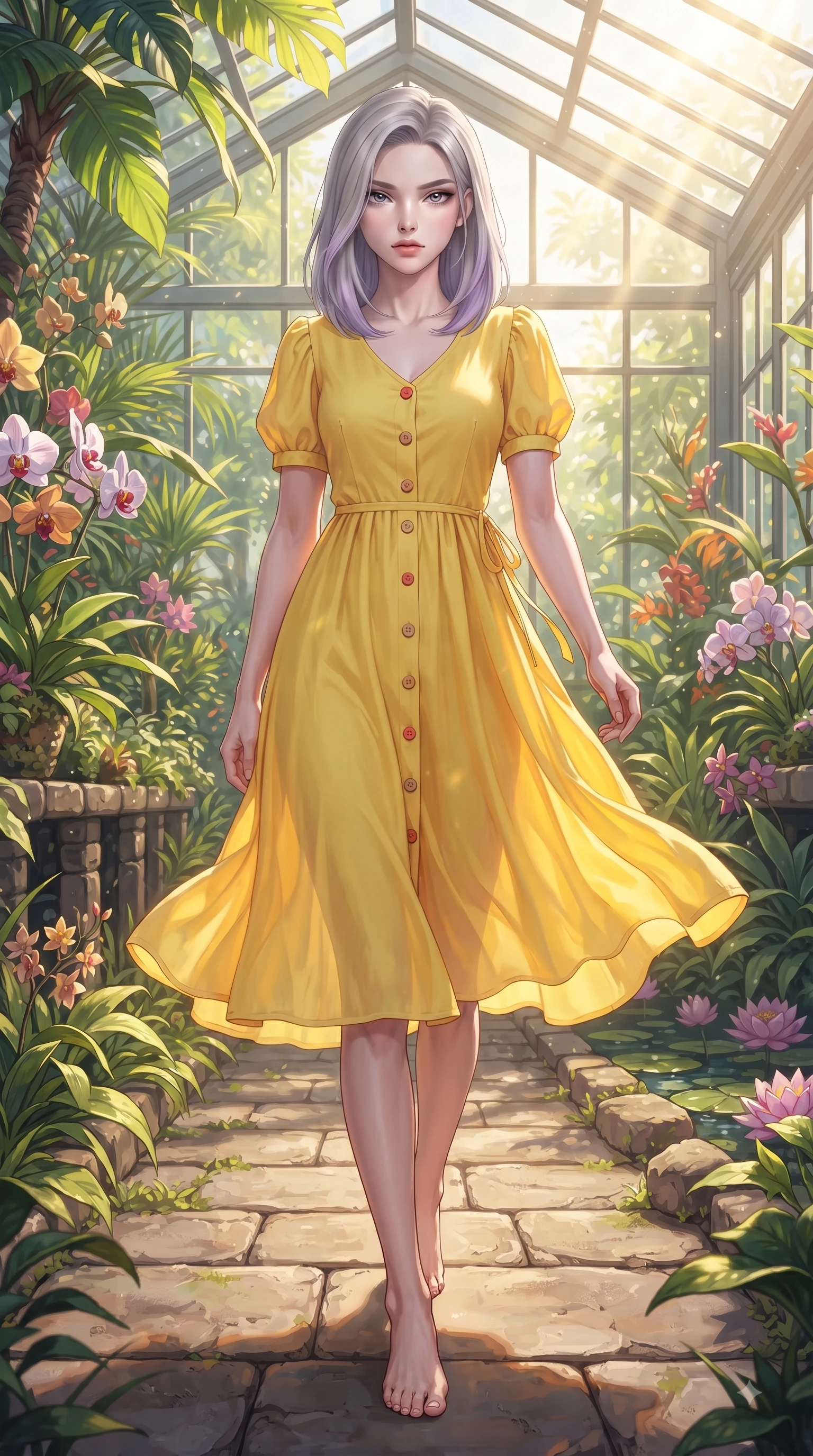score_9, masterpiece, best quality, ultra-detailed, high-budget anime keyframe, editorial fashion photography, tasteful artistic composition, Caucasian woman. low angle full-body shot from head to toe showing her feet, filling the entire 9:16 vertical frame with her statuesque presence, stretching her vertical silhouette. Indifferent cold glance casting a disdainful side-eye from beneath long dark eyelashes with aloof confidence while stepping along a stone greenhouse aisle surrounded by vibrant tropical foliage. The surrounding environment is rendered in vivid detail and crisp panoramic clarity. vibrant orchid blossoms, lotus pond ripples, and detailed greenhouse pathways in deep focus. She has an absolutely perfect, statuesque 8.5-heads proportion, an exceptionally tall and slender model-like female figure with impossibly long slender legs and an ultra-slim waist. sharp v-shaped jawline, high-bridge nose, intricate jewel-like eyes with depth, thick eyelashes, glossy lips with a natural sheen, flawlessly proportioned anatomical accuracy, natural body alignment, perfectly sculpted elegant limbs, clean dynamic posture without body distortion. wearing a bright canary yellow cotton sundress with short puff sleeves and wooden buttons in vibrant coral red and soft beige, woven from fine lightweight chiffon fluttering gracefully, accented with a delicate side waist sash creating fluid lines, the chic fashion cut framing her graceful clavicle and slender torso. bathed in bright golden sunbeams streaming through glasshouse panes. ultra-reflective glossy finish, specular highlights, metallic sheen, high-contrast stereoscopic depth, volumetric dynamic lighting, 2k, ultra detail, master piece, 9:16 ratio