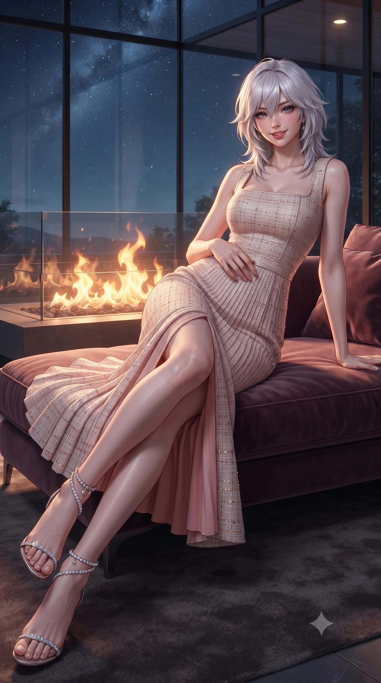 score_9, masterpiece, best quality, ultra-detailed, high-budget anime keyframe, editorial fashion photography, tasteful artistic composition, Japanese woman. low angle full-body shot from head to toe showing her feet, filling the entire 9:16 vertical frame with her statuesque presence, stretching her vertical silhouette. reclining gracefully across the plush chaise lounge with one leg extended, her sculpted silhouette and flat midriff radiating magnetic nocturnal glamour while twisting her slender torso in an alluring contrapposto stance beside the interior fire pit, glowing flames tracing her flat midriff and hips. The surrounding environment is rendered in vivid detail and crisp panoramic clarity: detailed garment lines, bodycon fit, and monumental engineering in high resolution. She has an exceptionally tall and slender model-like 8.5-heads proportion, an ultra-slim waist, a flat toned midriff, narrow delicate ribcage, and beautifully sculpted feminine hips creating a graceful, slim hourglass silhouette without any bulky heaviness, with impossibly long slender legs. sharp v-shaped jawline, high-bridge nose, intricate jewel-like sparkling eyes with depth, thick eyelashes, glossy parted lips with a natural peach sheen, bright cheerful beaming smile with an enchanting and coquettish sensual glint, exuding both youthful cute charm and seductive allure, flawlessly proportioned anatomical accuracy, strict slender model proportions, natural body alignment, perfectly sculpted long slender limbs, ultra-slim waistline, clean dynamic posture without body distortion. wearing a classical Prague empire-line pleated moiré evening gown with modest square neckline in North Malé sandbank mother-of-pearl and warm coral blush, woven from structured British tweed with subtle metallic flecks, complemented by strappy stiletto sandals with crystal ankle wraps accentuating her slender calves, the impeccably tailored cut draping gracefully along her slender figure with aristocratic poise. bathed in warm 2300K indoor hearth firelight contrasted with cool 6000K midnight cloud mist and starlight through glass. ultra-reflective glossy finish, specular highlights, rich textural contrasts, high-contrast stereoscopic depth, volumetric dynamic lighting, 2k, ultra detail, master piece, 9:16 ratio