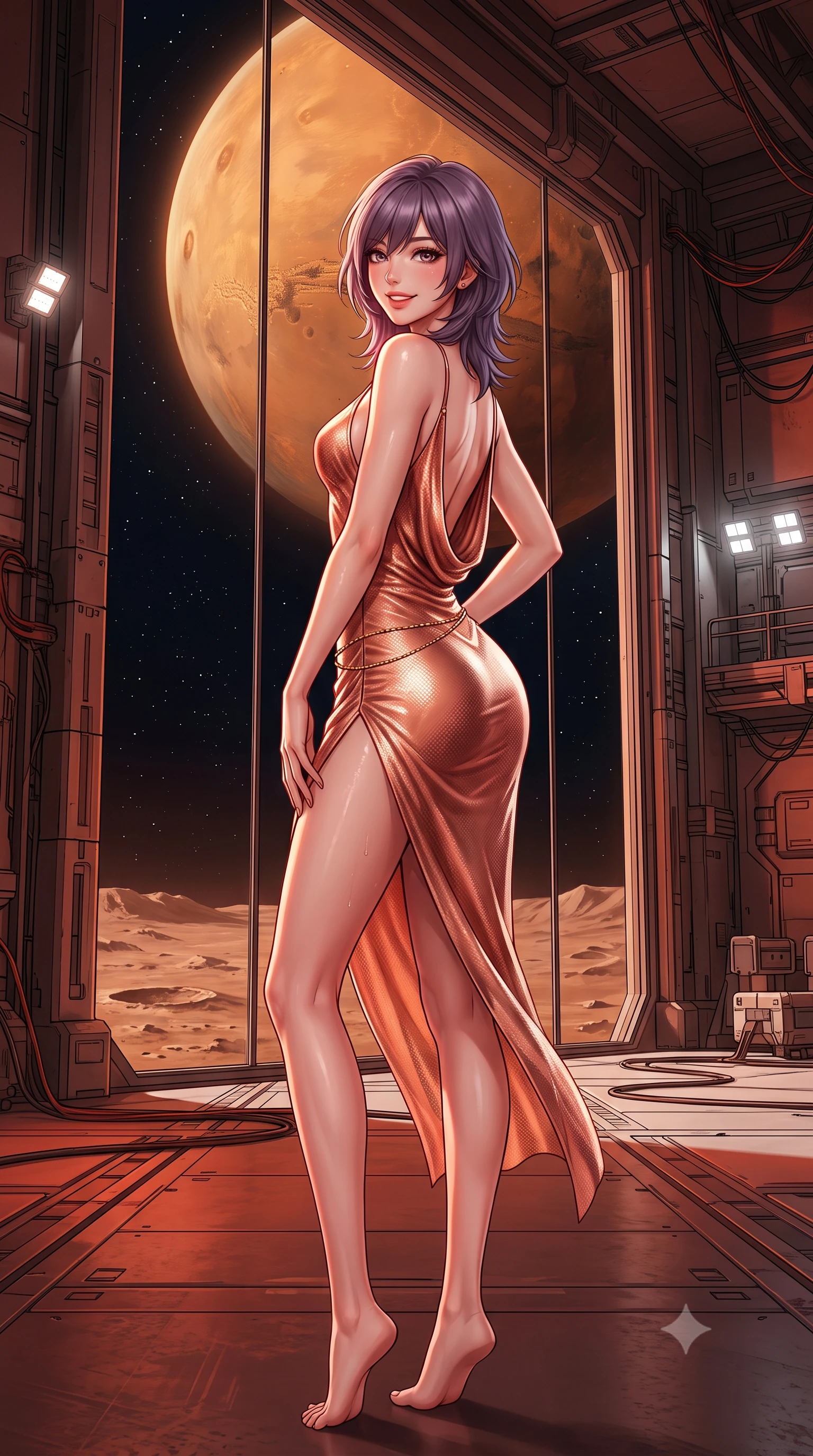 score_9, masterpiece, best quality, ultra-detailed, high-budget anime keyframe, semi-realistic 3D game render, editorial fashion photography, tasteful artistic composition, Japanese woman. low angle full-body shot from head to toe showing her feet, filling the entire 9:16 vertical frame with her statuesque presence, stretching her vertical silhouette. posing in a classic haute-couture S-curve stance beside the floor-to-ceiling window, looking over a bare shoulder with magnetic presence while standing poised inside the cavernous crater hangar opening directly onto the airless void, arching her lower back with commanding presence as the gigantic ochre disk of Mars looms above. The surrounding environment is rendered in vivid detail and crisp panoramic clarity: detailed pilot uniform lines, glossy patent leather trims, and airless space station engineering in high resolution. She has an exceptionally tall and slender model-like 8.5-heads proportion, an ultra-slim waist, a flat toned midriff, narrow delicate ribcage, and beautifully sculpted feminine hips creating a graceful, slim hourglass silhouette without any bulky heaviness, with impossibly long slender legs. sharp v-shaped jawline, high-bridge nose, intricate jewel-like sparkling eyes with depth, thick eyelashes, glossy parted lips with a natural peach sheen, bright cheerful beaming smile with an enchanting and coquettish sensual glint, exuding both youthful cute charm and seductive allure, flawlessly proportioned anatomical accuracy, strict slender model proportions, natural body alignment, perfectly sculpted long slender limbs, ultra-slim waistline, clean dynamic posture without body distortion. wearing a form-contouring gossamer silk chiffon combat slip dress with a hip-high slit and open cowl back clinging with dewy moisture in high-gloss rose-gold and burnished copper, woven from structured carbon-fiber jacquard with rich textural depth, accented with a dainty gold belly chain resting across her flat midriff and curving hips, the high-slit wrap tailoring accentuating her ultra-slim waistline and the enchanting curve of her feminine hips with alluring seductive charm. bathed in deep reddish-orange reflected Marslight combined with crisp white 6000K hangar floodlights. highly saturated vibrant anime colors, detailed shading with soft gradients, rich glossy textures, high-contrast stereoscopic depth, volumetric dynamic lighting, master piece, 9:16 ratio