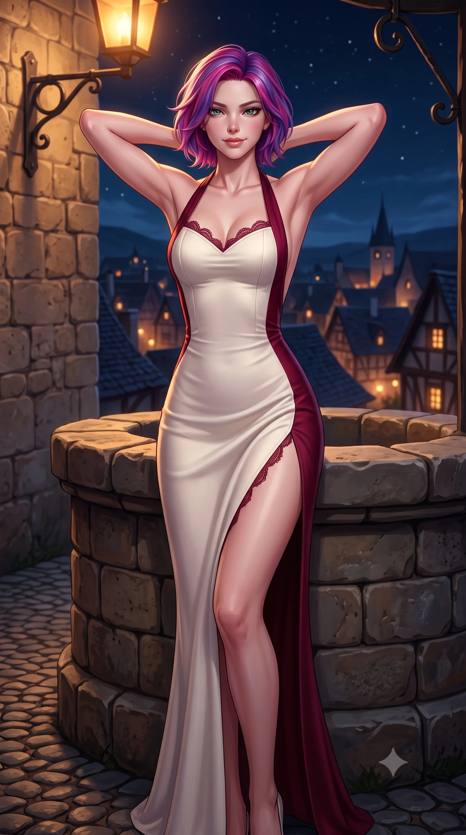 score_9, masterpiece, best quality, ultra-detailed, high-budget anime keyframe, semi-realistic 3D game render, editorial fashion photography, tasteful artistic composition, Caucasian woman. close-up cowboy shot from the waist and thighs up, the character dominates the composition, filling the frame with her large presence. resting both hands lightly behind her neck with elbows raised, arching her spine to highlight her narrow waist, flat midriff, and breathtaking collarbones while leaning against the rustic stone wellhead with hips cocked back, looking over illuminated medieval village rooftops with smoldering bedroom-eyes. The surrounding environment is rendered in vivid detail and crisp panoramic clarity: sharp hand-laid river pebble cobblestone mosaics, weathered limestone wall mortar, and hand-forged lantern brackets in deep focus. She has an exceptionally elegant, slender, and willowy female figure with an ultra-slim waist, flat toned midriff, narrow ribcage, and sculpted feminine hips creating an alluring, slim hourglass silhouette without bulk. sharp v-shaped jawline, high-bridge nose, intricate jewel-like sparkling eyes with depth, thick eyelashes, glossy parted lips with a natural peach sheen, bright cheerful beaming smile with an enchanting and coquettish sensual glint, exuding both youthful cute charm and seductive allure, flawlessly proportioned anatomical accuracy, strict slender model proportions, natural body alignment, perfectly sculpted long slender limbs, ultra-slim waistline, clean dynamic posture without body distortion. wearing a backless halterneck cocktail dress with deep scoop back down to her lower spine and thigh-high slit in Belvedere ivory pearl and Habsburg bordeaux wine, crafted from bespoke double-faced cashmere with an exceptionally soft tactile finish, finished with scalloped eyelash lace trim framing her sweetheart neckline with intimate elegance, the glove-like clinging cut tightly following the natural contour of her hips and long slender legs with youthful 8.5-heads elegance. bathed in the romantic amber 2200K gas lantern glow contrasted with deep midnight sky and starlight. highly saturated vibrant anime colors, detailed shading with soft gradients, rich glossy textures, high-contrast stereoscopic depth, volumetric dynamic lighting, master piece, 9:16 ratio