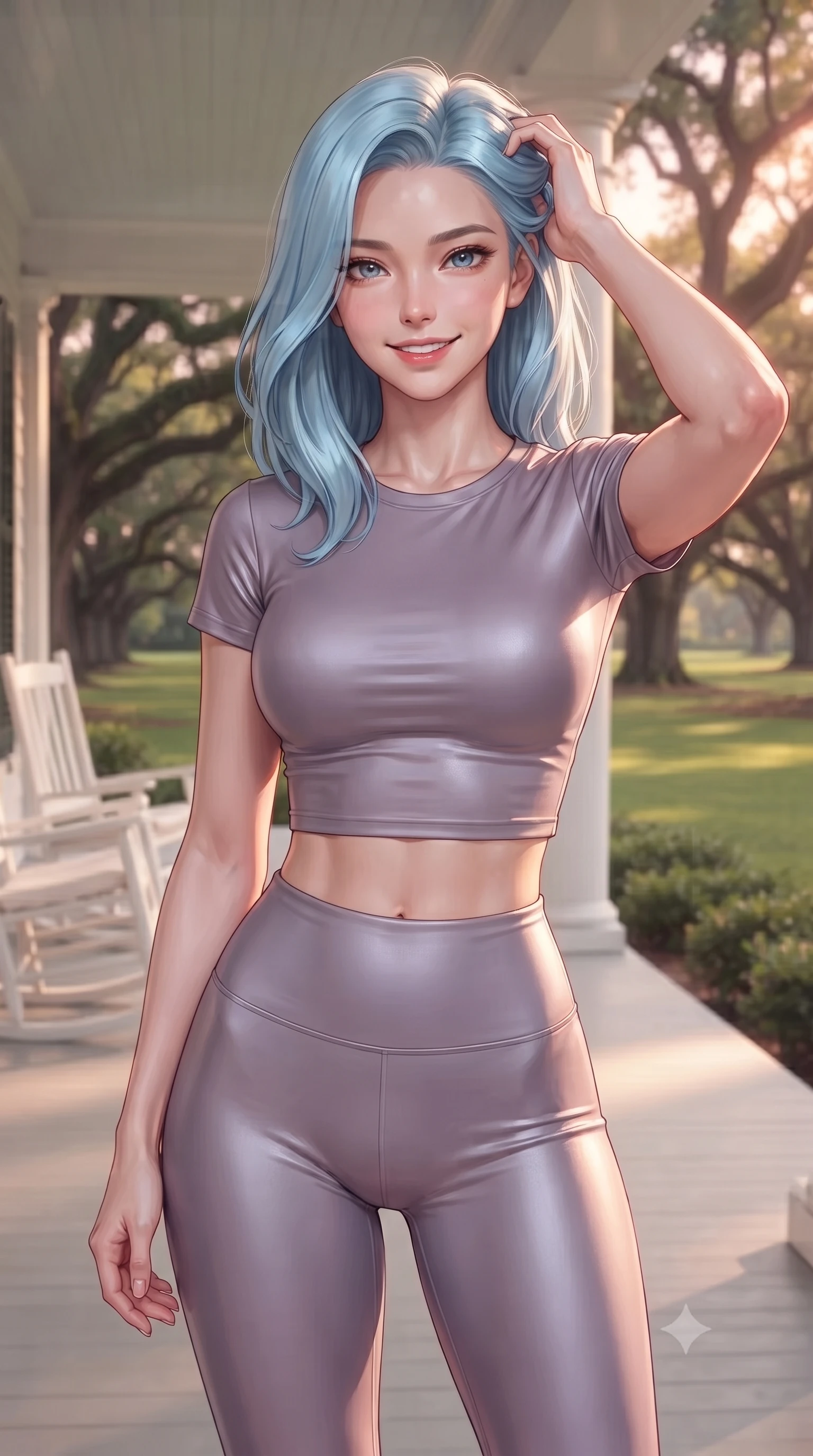 score_9, masterpiece, best quality, ultra-detailed, high-budget anime keyframe, editorial fashion photography, tasteful artistic composition, Korean woman woman. close-up cowboy shot from the waist and thighs up, the character dominates the composition, filling the frame with her large presence, background elements kept in soft focus. smiling with quiet, magnetic self-assurance directly into the camera, running a hand through her hair the background shows a soft-focus a wide white veranda with rocking chairs, overlooking a large green lawn with oak trees. She has an exceptionally elegant, slender, and willowy female figure with an ultra-slim waist, a gracefully sculpted slender torso, and a refined silhouette. sharp v-shaped jawline, high-bridge nose, intricate jewel-like eyes with depth, thick eyelashes, glossy lips with a natural sheen. wearing a body-hugging body-hugging activewear set of a crop tee and high-waisted leggings in dusty lavender. soft late afternoon sunbeams casting a nostalgic, peaceful glow. ultra-reflective glossy finish, specular highlights, metallic sheen, high-contrast stereoscopic depth, volumetric dynamic lighting, 2k, ultra detail, master piece, 9:16 ratio