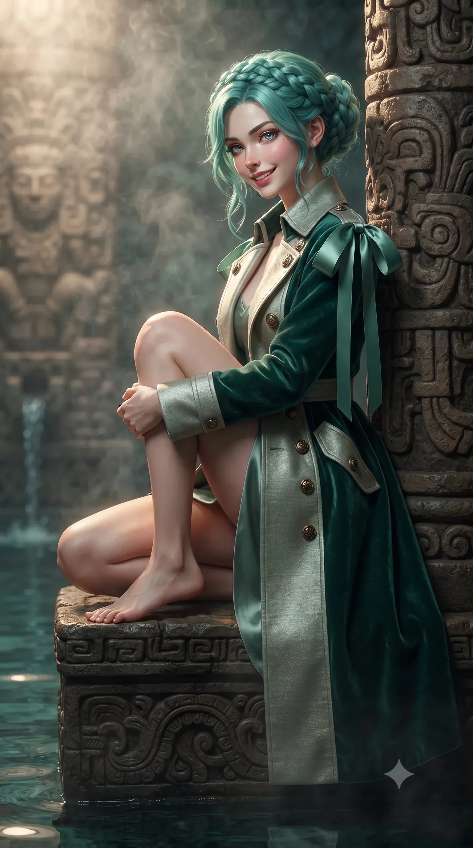 score_9, masterpiece, best quality, ultra-detailed, high-budget anime keyframe, editorial fashion photography, tasteful artistic composition, Japanese woman. close-up cowboy shot from the waist and thighs up, the character dominates the composition, filling the frame with her large presence. perched sideways on the lounge seat, one knee drawn up to showcase her slender leg line while her arched back accentuates her feminine hip curve while leaning against the carved Mayan stone pillar with hips cocked back, looking through fragrant copal incense mist with intoxicating bedroom-eyes. The background shows a soft-focus aromatic copal incense smoke softened in holistic subterranean spa shallow focus. She has an exceptionally elegant, slender, and willowy female figure with an ultra-slim waist, flat toned midriff, narrow ribcage, and sculpted feminine hips creating an alluring, slim hourglass silhouette without bulk. sharp v-shaped jawline, high-bridge nose, intricate jewel-like sparkling eyes with depth, thick eyelashes, glossy parted lips with a natural peach sheen, bright cheerful beaming smile with an enchanting and coquettish sensual glint, exuding both youthful cute charm and seductive allure, flawlessly proportioned anatomical accuracy, strict slender model proportions, natural body alignment, perfectly sculpted long slender limbs, ultra-slim waistline, clean dynamic posture without body distortion. wearing a structured Tulum raw silk safari trench coat with horn buttons and storm flaps in Art Nouveau malachite green and antique starlight silver, crafted from bespoke double-faced cashmere with an exceptionally soft tactile finish, finished with satin ribbon ties at the shoulders fluttering in the gentle breeze, the impeccably tailored cut draping gracefully along her slender figure with aristocratic poise. illuminated by cave water reflection bounce and sharp honey-gold rim lights defining her razor-sharp jawline, narrow waist, and curvy hips. ultra-reflective glossy finish, specular highlights, rich textural contrasts, high-contrast stereoscopic depth, volumetric dynamic lighting, 2k, ultra detail, master piece, 9:16 ratio