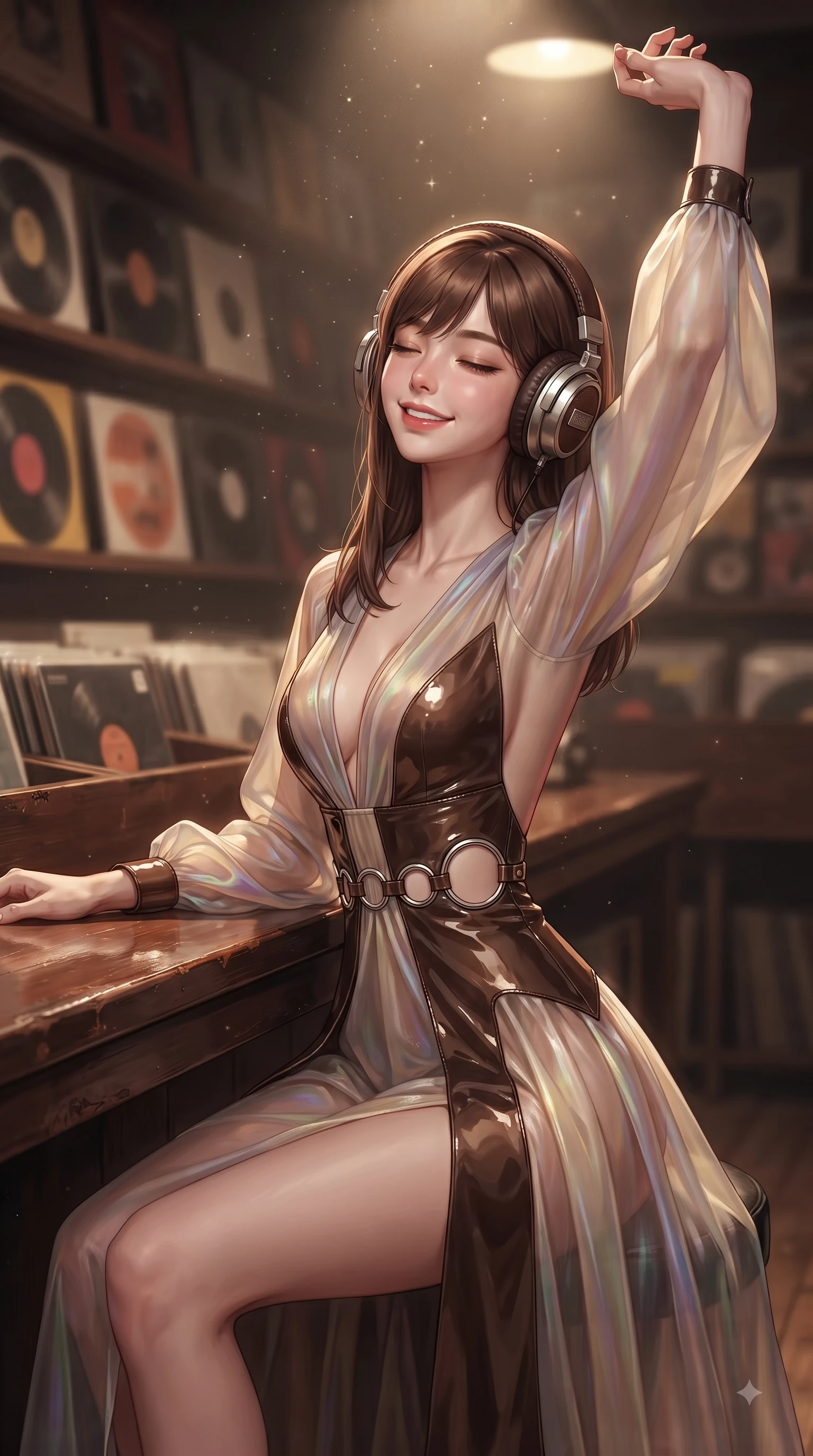 score_9, masterpiece, best quality, ultra-detailed, high-budget anime keyframe, editorial fashion photography, tasteful artistic composition, Korean woman. close-up cowboy shot from the waist and thighs up, the character dominates the composition, filling the frame with her large presence, background elements kept in soft focus. Extending one arm in an elegant stretch toward the light while smiling with vibrant, youthful self-assurance while sitting at a wooden counter wearing vintage headphones, listening to music with closed eyes, soft record store dust sparkling gracefully in warm directional spotlights. She has an exceptionally elegant, slender, and willowy female figure with an ultra-slim waist, a gracefully sculpted slender torso, and a refined silhouette. sharp v-shaped jawline, high-bridge nose, intricate jewel-like eyes with depth, thick eyelashes, glossy lips with a natural sheen, flawlessly proportioned anatomical accuracy, natural body alignment, perfectly sculpted elegant limbs, clean dynamic posture without body distortion. wearing a translucent iridescent chiffon gown with a plunging neckline and open back in espresso brown and warm cream, tailored from high-gloss patent leather, accented with delicate chrome ring hardware framing her waist, the tailored fabric tightly following every curve of her athletic build. illuminated by cozy directional spotlights and rich mahogany reflections. ultra-reflective glossy finish, specular highlights, metallic sheen, high-contrast stereoscopic depth, volumetric dynamic lighting, 2k, ultra detail, master piece, 9:16 ratio