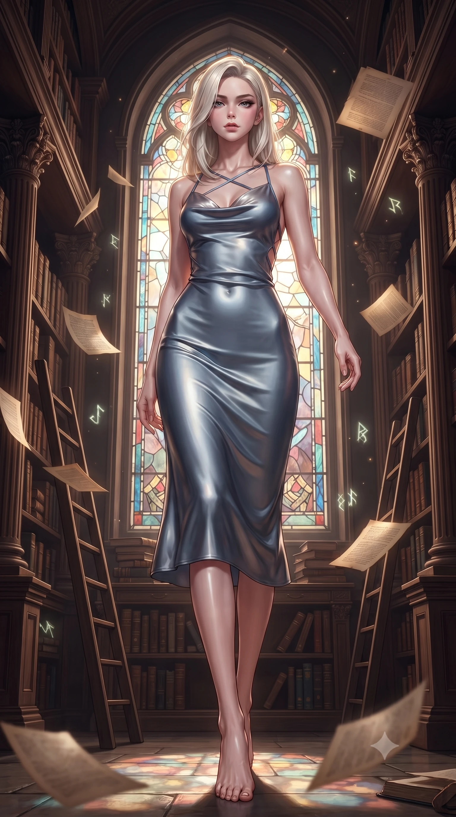 score_9, masterpiece, best quality, ultra-detailed, high-budget anime keyframe, editorial fashion photography, tasteful artistic composition, Caucasian woman. low angle full-body shot from head to toe showing her feet, filling the entire 9:16 vertical frame with her statuesque presence, stretching her vertical silhouette. forging dynamically through the scene, her vertical silhouette beautifully stretched poised before a giant arched stained glass window in an antique book hall, floating paper pages and glowing magic runes hovering in the quiet air. She has an absolutely perfect, statuesque 8.5-heads proportion, an exceptionally tall and slender model-like female figure with impossibly long slender legs and an ultra-slim waist. sharp v-shaped jawline, high-bridge nose, intricate jewel-like eyes with depth, thick eyelashes, glossy lips with a natural sheen. wearing an elegant cowl-neck satin midi dress with a draped neckline in slate blue and metallic silver, formed from sleek second-skin neoprene, complemented by criss-cross back straps highlighting her bare shoulders, the glove-like fit emphasizing her statuesque silhouette. surrounded by a scholarly, opulent aura with warm chiaroscuro contrast. ultra-reflective glossy finish, specular highlights, metallic sheen, high-contrast stereoscopic depth, volumetric dynamic lighting, 2k, ultra detail, master piece, 9:16 ratio