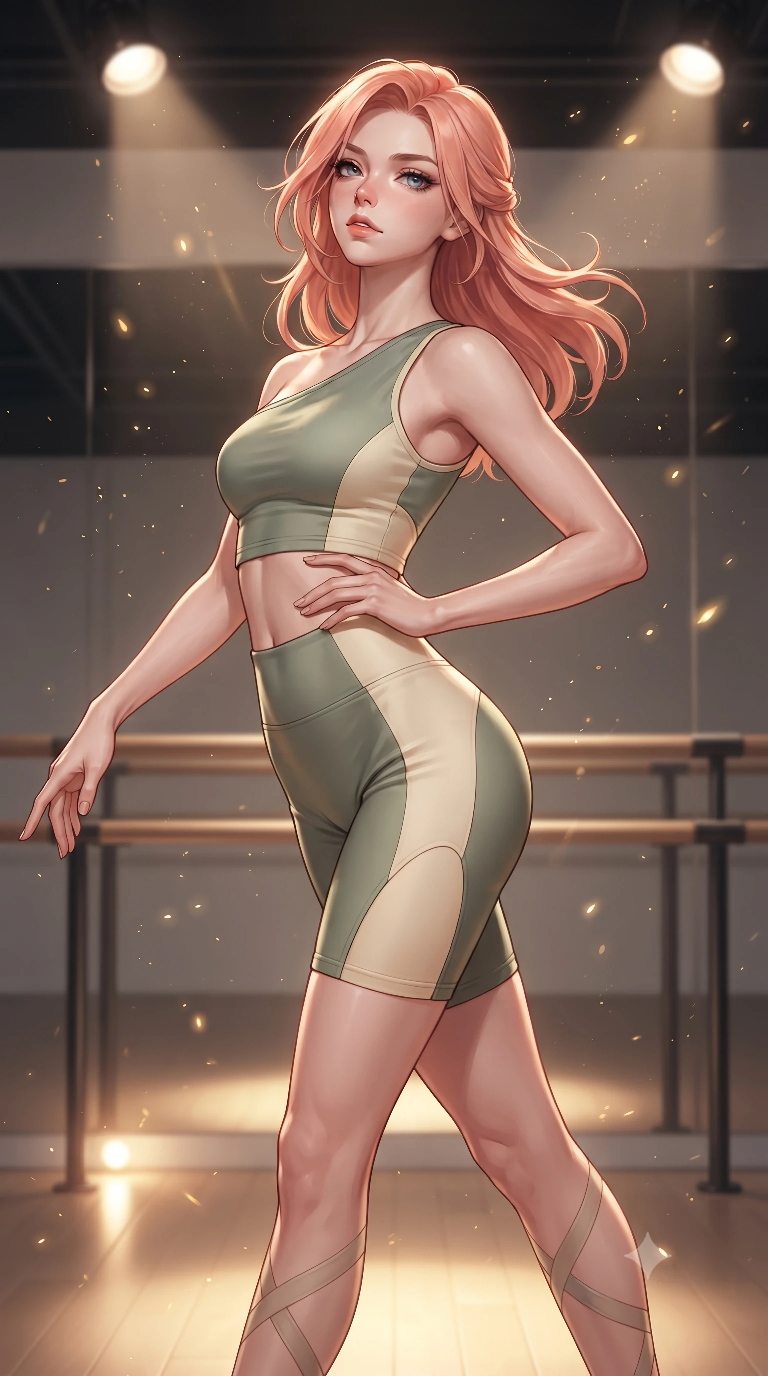 score_9, masterpiece, best quality, ultra-detailed, high-budget anime keyframe, editorial fashion photography, tasteful artistic composition, Japanese woman. close-up cowboy shot from the waist and thighs up, the character dominates the composition, filling the frame with her large presence. tilting her chin up with proud, sovereign allure while gazing through thick eyelashes, one hand resting on her waist in pure supermodel charisma while executing an elegant mid-motion arabesque turn before the mirrors, the tight fabric sculpting her feminine hip contour with statuesque precision. The composition keeps background elements in soft focus with creamy bokeh. floating micro-chalk particles and spotlight beams scattering luminous golden light motes. She has an exceptionally elegant, slender, and willowy female figure with an ultra-slim waist, a gracefully sculpted slender torso, toned flat midriff, and rounded feminine hips creating an alluring hourglass silhouette. sharp v-shaped jawline, high-bridge nose, intricate jewel-like eyes with depth, thick eyelashes, glossy parted lips with a natural sheen, intensely captivating and seductive bedroom-eyes expression, flawlessly proportioned anatomical accuracy, strict slender model proportions, natural body alignment, perfectly sculpted long slender limbs, ultra-slim waistline, clean dynamic posture without body distortion. wearing a sporty asymmetrical crop tank paired with seamless contouring biker shorts in sage green and warm cream, made of seamless compression knit with anatomical body-contouring support, accented with sheer stirrup wrap ribbons along her long slender legs, the precision-cut side openings and low-back scoop framing her graceful spine and the sensual sweep of her hips. bathed in warm floor-level uplighting and dramatic overhead theatrical spotlights. ultra-reflective glossy finish, specular highlights, rich textural contrasts, high-contrast stereoscopic depth, volumetric dynamic lighting, 2k, ultra detail, master piece, 9:16 ratio