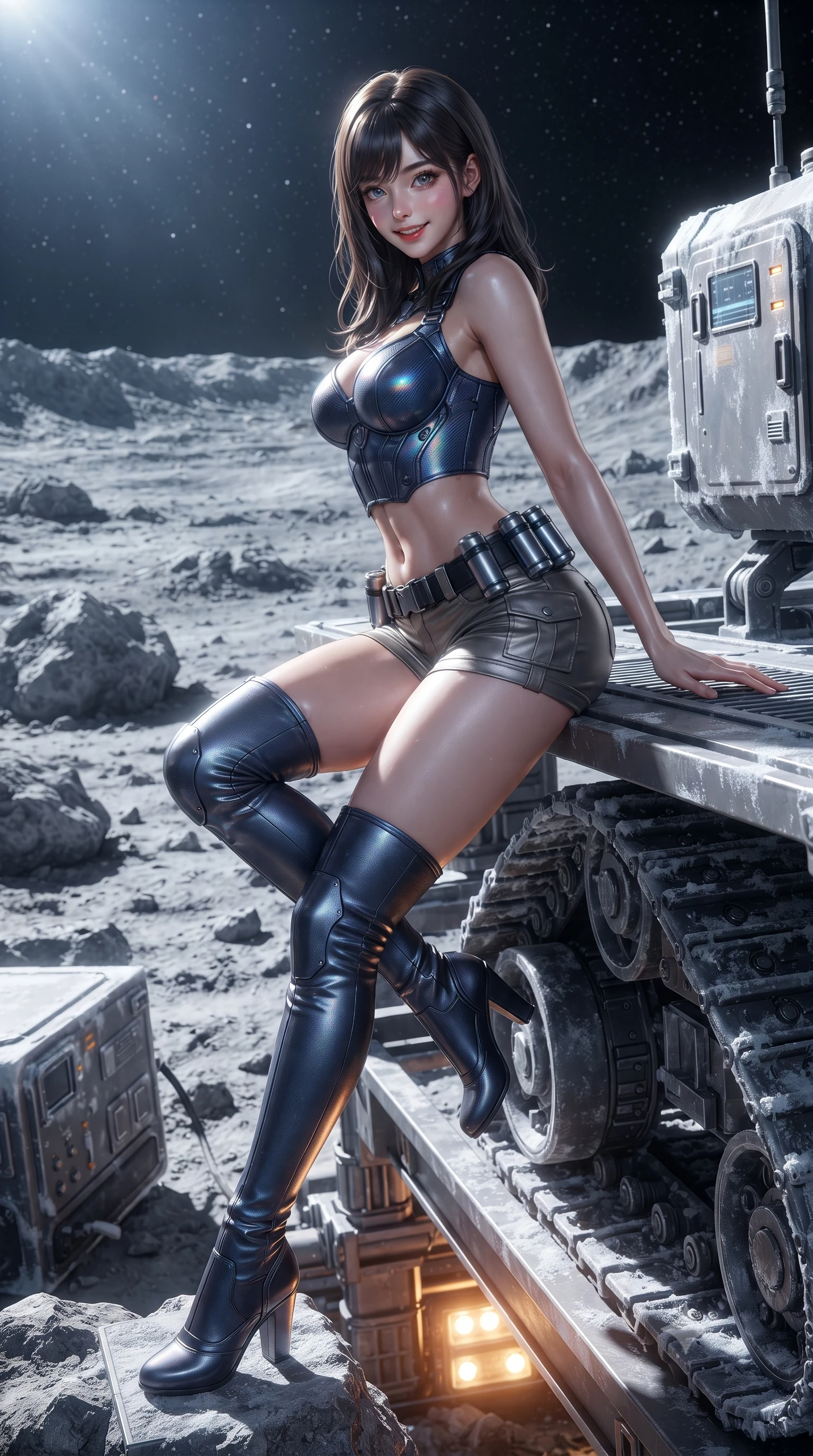 score_9, masterpiece, best quality, ultra-detailed, high-budget anime keyframe, editorial fashion photography, tasteful artistic composition, Korean woman. low angle full-body shot from head to toe showing her feet, filling the entire 9:16 vertical frame with her statuesque presence, stretching her vertical silhouette. sitting perched on the elevated maintenance gantry edge with legs crossed and hips angled toward the camera, displaying her toned midriff and long slender limbs with joyful, coquettish charm while leaning against the titanium crawler track with hips cocked back, looking over her shoulder with an enchanting, fearless smile. The surrounding environment is rendered in vivid detail and crisp panoramic clarity: sharp lunar rock textures, titanium tread track pins, and frost rime on equipment panels in deep focus. She has an absolutely perfect, statuesque 8.5-heads proportion, an exceptionally tall and slender model-like female figure with impossibly long slender legs, an ultra-slim waist, a flat toned midriff, narrow delicate ribcage, and beautifully sculpted feminine hips creating a graceful, slim hourglass silhouette without any bulky heaviness. sharp v-shaped jawline, high-bridge nose, intricate jewel-like sparkling eyes with depth, thick eyelashes, glossy parted lips with a natural sheen, bright confident smile with an enchanting and coquettish sensual glint, exuding both youthful magnetic charm and sovereign high-tech allure, flawlessly proportioned anatomical accuracy, strict slender model proportions, natural body alignment, perfectly sculpted long slender limbs, ultra-slim waistline, clean dynamic posture without body distortion. wearing a sculpted carbon-fiber bustier armor top paired with ultra-tight tactical cargo shorts and thigh-high armored boots in midnight navy blue and holographic iridescent shimmer, tailored from brushed aeronautical titanium alloy with matte satin sheen, accented with a sleek utility belt with polished magnetic canisters resting loosely on her curvy hips, the liquid-tight tailored fabric clinging flawlessly to her narrow waist and rounded feminine hips, emphasizing every millimeter of her sculpted slim hourglass curves without any bulky heaviness. bathed in brilliant cold silver starlight from above and warm industrial sodium work-lights from below. ultra-reflective glossy finish, specular highlights, rich textural contrasts, high-contrast stereoscopic depth, volumetric dynamic lighting, 2k, ultra detail, master piece, 9:16 ratio