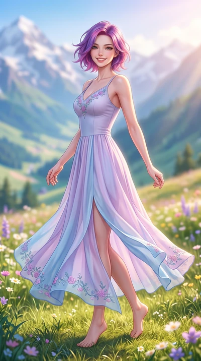 score_9, masterpiece, best quality, ultra-detailed, high-budget anime keyframe, semi-realistic 3D game render, editorial fashion photography, tasteful artistic composition, Caucasian woman. low angle full-body shot from head to toe showing her feet, 