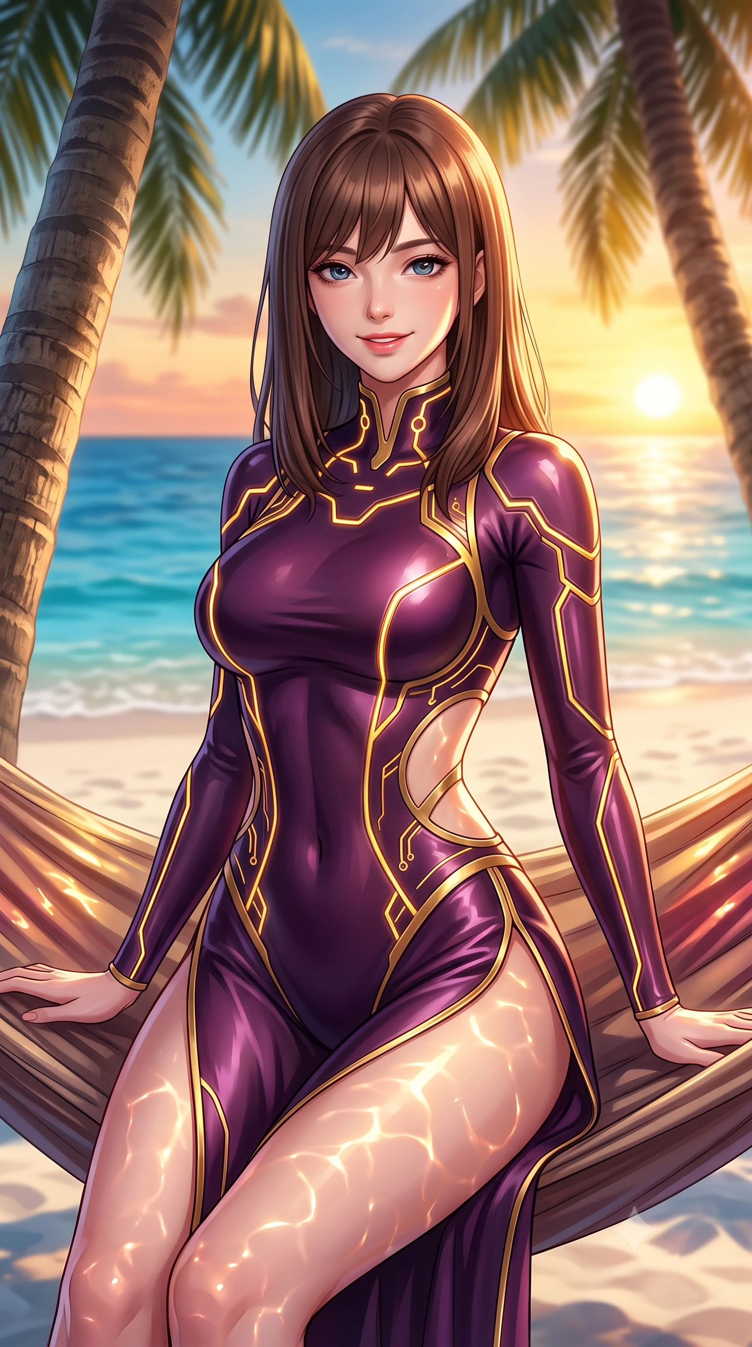 score_9, masterpiece, best quality, ultra-detailed, high-budget anime keyframe, editorial fashion photography, tasteful artistic composition, Korean woman. close-up cowboy shot from the waist and thighs up, the character dominates the composition, filling the frame with her large presence, background elements kept in soft focus. Smiling with quiet, magnetic self-assurance directly into the lens resting on a sea-facing hammock suspended between two coconut trees at sunset, soft white sand contrasting with rich azure ocean hues. She has an exceptionally elegant, slender, and willowy female figure with an ultra-slim waist, a gracefully sculpted slender torso, and a refined silhouette. sharp v-shaped jawline, high-bridge nose, intricate jewel-like eyes with depth, thick eyelashes, glossy lips with a natural sheen. wearing a skin-tight cybernetic bodysuit with glowing neon seams and side cutouts in plum purple and gold filigree, crafted from smooth liquid silk, finished with a sleek side slit ascending to mid-thigh, the form-contouring material highlighting her ultra-slim waist and long lines. bathed in intense golden tropical sunshine and shimmering water reflections. highly saturated vibrant anime colors, detailed shading with soft gradients, rich glossy textures, high-contrast stereoscopic depth, volumetric dynamic lighting, master piece, 9:16 ratio
