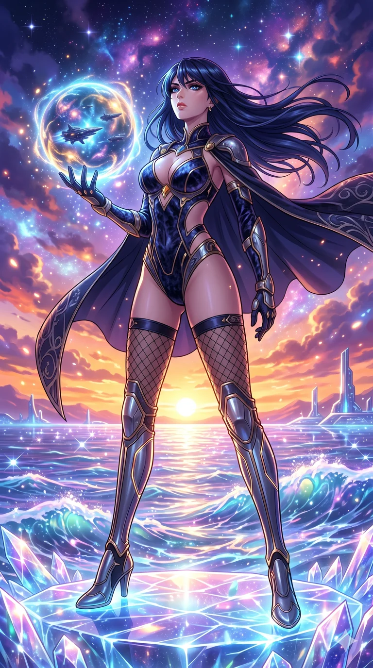 score_9, masterpiece, best quality, ultra-detailed, High-budget Anime Keyframe, vibrant colors, fluid line-art, expressive lighting, cinematic composition, Ufotable-style visual effects, top-tier animation quality, Japanese woman with delicate and elegant anime-inspired features. Low angle cowboy shot filling the entire 9:16 frame with her statuesque presence, looking up to emphasize her height. Holding a glowing ancient orb that reveals a flickering vision of the future, its light illuminating her determined face. She has an absolutely perfect 8-heads proportion, an exceptionally tall and slender female figure with impossibly long slender legs and an ultra-slim waist, her statuesque height and towering silhouette dominating the vertical 9:16 frame. Her face is a masterpiece featuring a sharp v-shaped jawline, high-bridge nose, intricate jewel-like eyes with depth, thick eyelashes, and glossy lips with a natural sheen. She is wearing a Molten metal-look bodysuit with daring cut-outs and a high-cut silhouette crafted from Crushed dark velvet with a deep, rich texture that absorbs light and glows at the edges, accompanied by sensual fishnet stockings and thigh-high metallic boots. The scene is set in a vibrant sunset over a futuristic crystalline ocean with waves made of liquid light, illuminated by flickering starlight and nebula glow providing a mystical and vast ambiance. 2k, ultra detail, master piece, 9:16 ratio