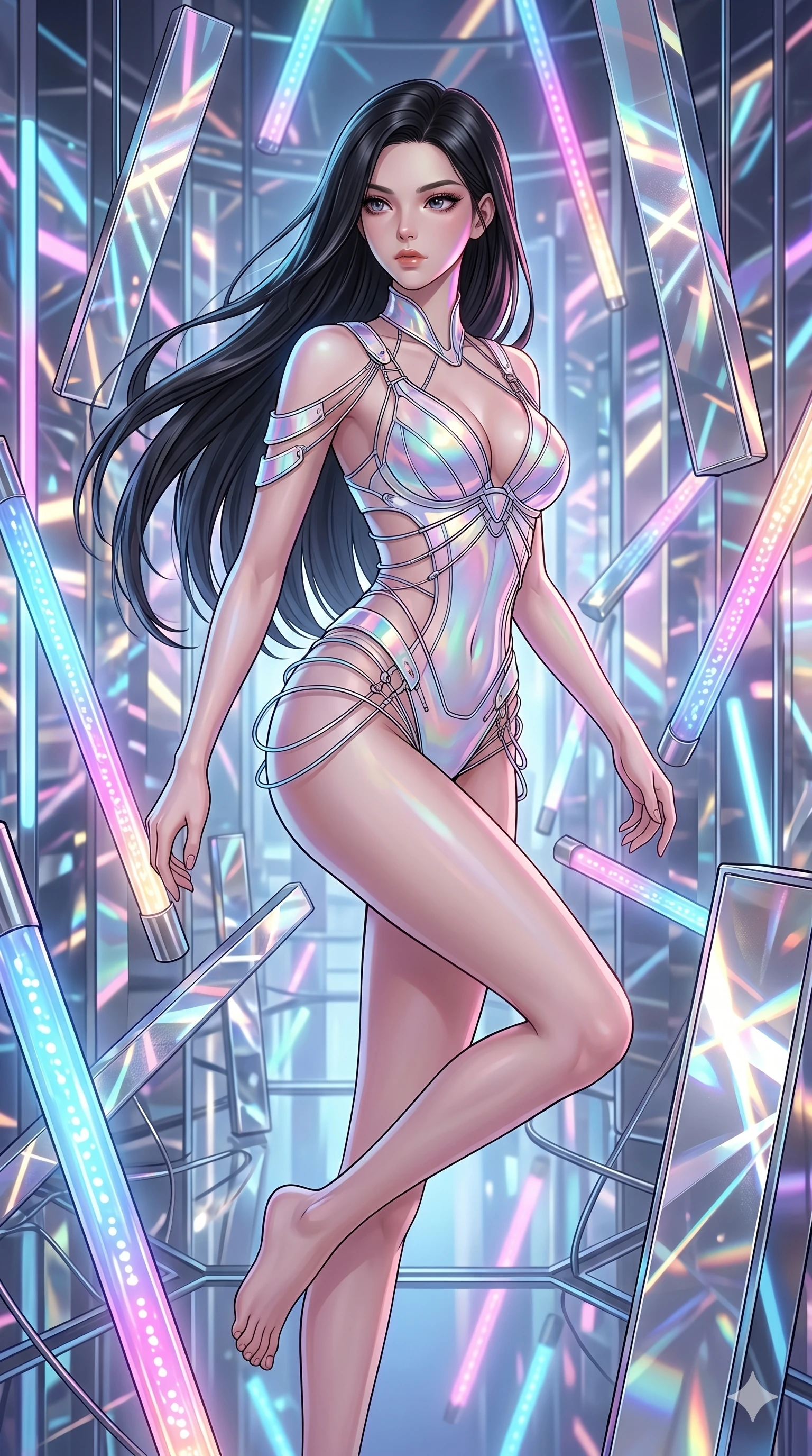score_9, masterpiece, best quality, ultra-detailed, high-budget anime keyframe, Caucasian woman, strictly human ears. upper body close-up from the thighs up, character filling the screen for maximum presence. navigating a kinetic light-sculpture mirror maze, passing between floating chromium mirror pillars and rotating LED sticks. She has an absolutely perfect 8-heads proportion, an exceptionally tall and slender female figure with impossibly long slender legs and an ultra-slim waist. V-shaped jawline, high-bridge nose, intricate jewel-like eyes with depth, thick eyelashes, glossy lips with a natural sheen.. wearing a holographic ribbon shell armor, featuring thin iridescent plates linked by wire straps over a sleek contouring base. enhanced by a luminous pastel spectrum glow, casting elegant rim lights on her shoulders and jawline. 2k, ultra detail, master piece, 9:16 ratio