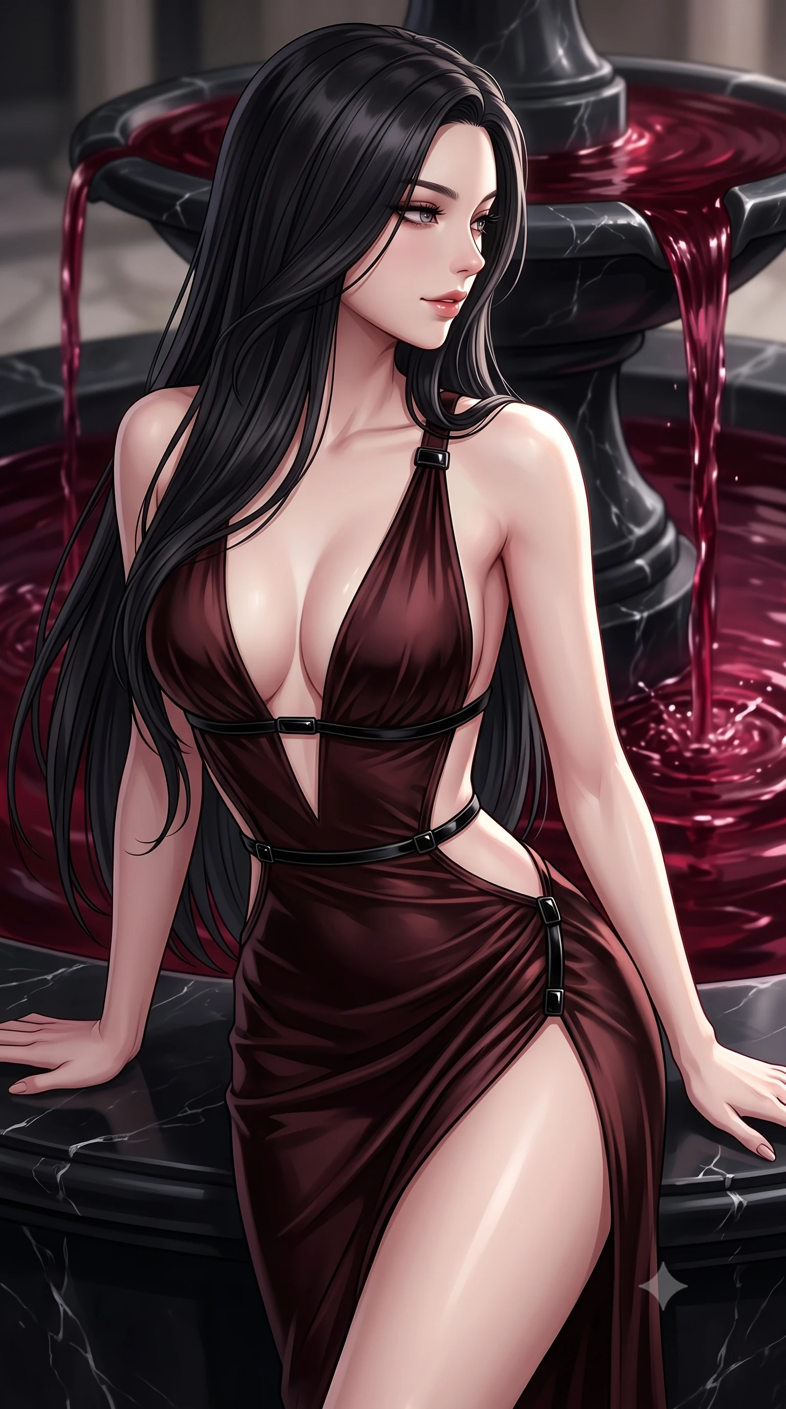 score_9, masterpiece, best quality, ultra-detailed, high-budget anime keyframe, editorial fashion photography, tasteful artistic composition, Korean woman. close-up cowboy shot from the waist and thighs up, the character dominates the composition, filling the frame with her large presence, background elements kept in soft focus. Glancing sidelong over her shoulder with a smoldering, enigmatic half-smile, resting against a black marble fountain flowing with dark ruby-colored water, gothic sensual allure with intense emotional depth. She has an exceptionally elegant, slender, and willowy female figure with an ultra-slim waist, a gracefully sculpted slender torso, and a refined silhouette. sharp v-shaped jawline, high-bridge nose, intricate jewel-like eyes with depth, thick eyelashes, glossy lips with a natural sheen. wearing deep plunging V-neckline midnight gown with daring high thigh slit in dark mahogany, made of liquid dark mercury jersey, adorned with minimalist black onyx hardware framing the silhouette, accentuating her gracefully sculpted slender torso. surrounded by dramatic chiaroscuro with sharp edge highlights on silk. highly saturated vibrant anime colors, detailed shading with soft gradients, rich glossy textures, high-contrast stereoscopic depth, volumetric dynamic lighting, master piece, 9:16 ratio