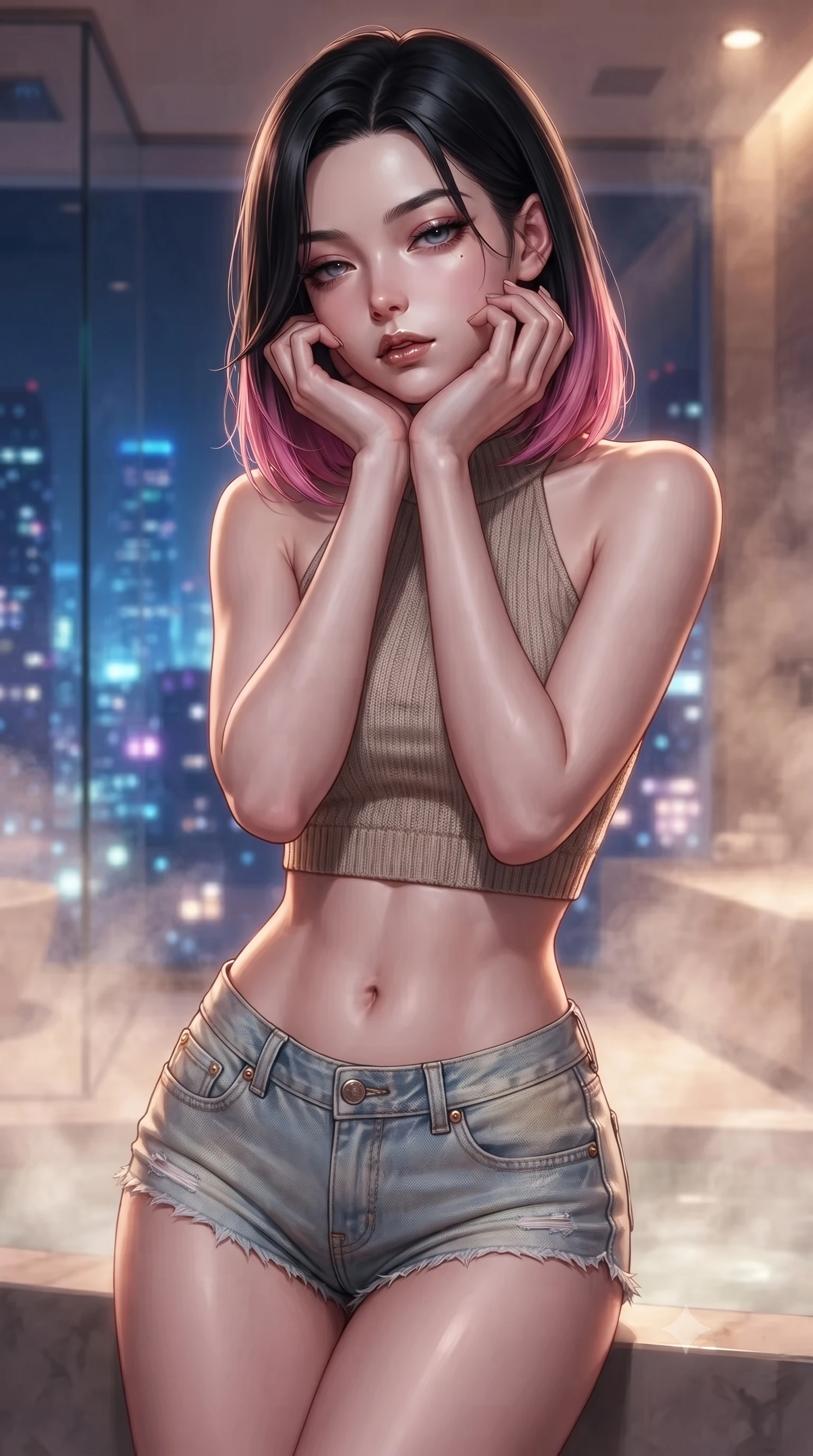 score_9, masterpiece, best quality, ultra-detailed, high-budget anime keyframe, editorial fashion photography, tasteful artistic composition, Korean woman woman. close-up cowboy shot from the waist and thighs up, the character dominates the composition, filling the frame with her large presence, background elements kept in soft focus. resting her chin on the backs of her fingers, casting a heavy-lidded, sultry look past the camera the background shows a soft-focus a high-rise private steam room with glass walls overlooking the city lights at night. She has an exceptionally elegant, slender, and willowy female figure with an ultra-slim waist, a gracefully sculpted slender torso, and a refined silhouette. sharp v-shaped jawline, high-bridge nose, intricate jewel-like eyes with depth, thick eyelashes, glossy lips with a natural sheen. wearing a tailored chic knit halter crop top paired with denim micro-shorts, showing her delicately sculpted midriff. glittering blue and violet city skyline lights contrasting with warm steam glow. ultra-reflective glossy finish, specular highlights, metallic sheen, high-contrast stereoscopic depth, volumetric dynamic lighting, 2k, ultra detail, master piece, 9:16 ratio