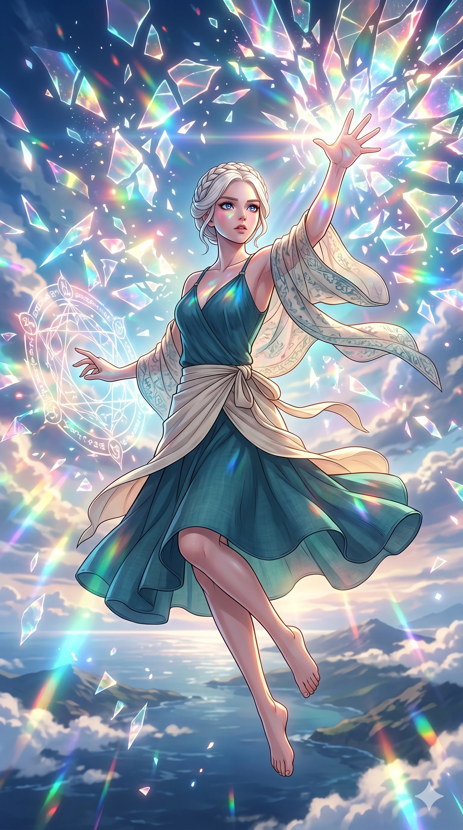 score_9, masterpiece, best quality, ultra-detailed, high-budget anime movie keyframe, cinematic anime lighting, intricate line art, Japanese woman. Mid-air action shot capturing a graceful twist and vertical silhouette. casting a spell that shatters the sky into fragments of light. She has an absolutely perfect 8-heads proportion, an exceptionally tall and slender female figure with graceful and slender proportions. strictly human anatomy, two legs only, no extra limbs, clearly defined legs and arms, perfect anatomy, perfect hands and fingers. sharp v-shaped jawline, high-bridge nose, intricate jewel-like eyes, thick eyelashes, glossy lips. Wearing Seasonal/Resort: Elegant one-piece with sarong, linen sundress with tie-back, and light fabric wrap. The scene is illuminated by dramatic atmospheric lighting and vibrant color palettes. , 2k, ultra detail, master piece, 9:16 ratio