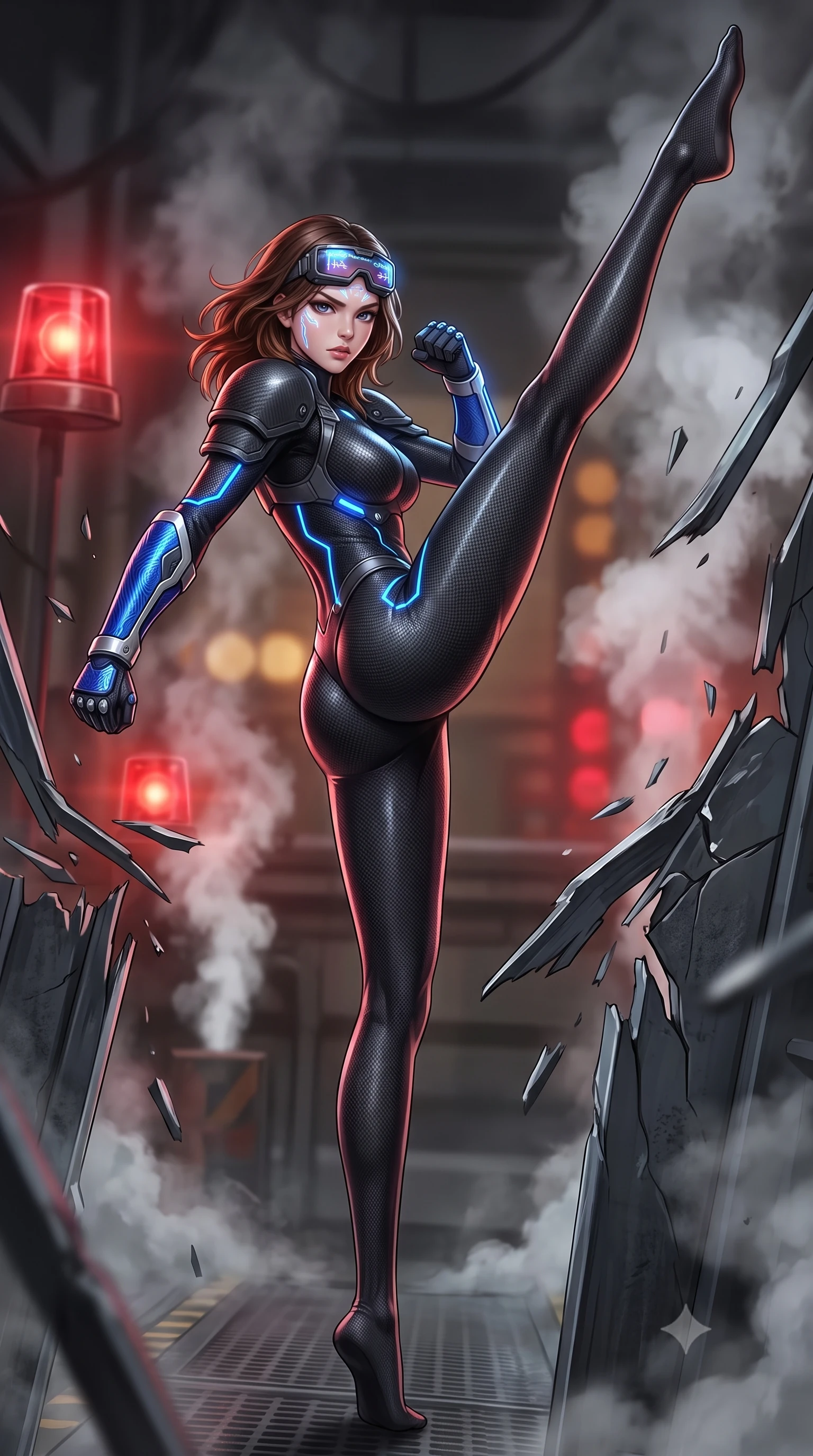 score_9, masterpiece, best quality, ultra-detailed, high-budget anime keyframe, semi-realistic 3D game render, editorial fashion photography, tasteful artistic composition, Korean woman. low angle full-body shot from head to toe showing her feet, filling the entire 9:16 vertical frame with her statuesque presence, stretching her vertical silhouette. executing a breathtaking zero-gravity high-kick with full 180-degree vertical extension, her impossibly long slender legs dominating the frame with razor-sharp poise while pivoting dynamically through escaping coolant steam as her heavy carbon shoulder guards smash through steel barricades. The composition keeps background elements in soft focus with creamy bokeh. pulsing red hazard beacons and drifting industrial steam plumes blurred into fiery crimson, amber, and charcoal bokeh. She has an absolutely perfect, statuesque 8.5-heads proportion, an exceptionally tall and slender model-like female figure with impossibly long slender legs, a toned flat midriff, and an ultra-slim waist. sharp v-shaped jawline, high-bridge nose, intricate jewel-like eyes with depth, thick eyelashes, glossy lips with a natural sheen, fierce and resolute heroine expression, flawlessly proportioned anatomical accuracy, strict slender model proportions, natural body alignment, perfectly sculpted long slender limbs, ultra-slim waistline, clean dynamic posture without body distortion. wearing high-tech holographic tactical goggles resting tipped up on her forehead, casting glowing neon runes across her brow without obscuring her features, paired with a skin-tight dark carbon-weave combat bodysuit with glowing neon energy conduits and reinforced Damascus-pattern forearm strike guards in electric cobalt blue carbon with brushed platinum tactical trim, formed from high-gloss patent carbon-plating with specular dystopian chiaroscuro reflections, finished with high-mobility flexible armor articulation seams and miniature magnetic locks, the sleek second-skin cut tightly hugging her graceful clavicle, narrow waist, and feminine curves with athletic precision. surrounded by an unstoppable, royal, and fiercely triumphant lone survivor empress aura. rich saturated anime colors with glowing neon highlights, detailed shading with soft gradients, rich glossy textures, high-contrast stereoscopic depth, volumetric dynamic lighting, master piece, 9:16 ratio