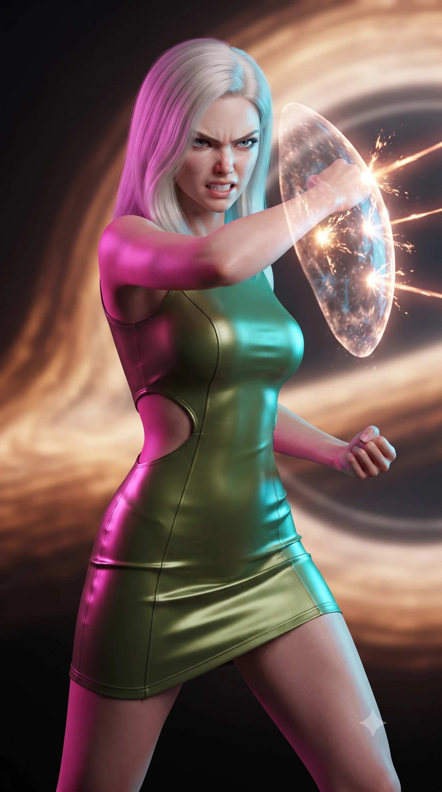 score_9, masterpiece, best quality, ultra-detailed, high-budget anime keyframe, editorial fashion photography, tasteful artistic composition, realistic cosplay photography, Caucasian woman, strictly human ears. close-up cowboy shot from the waist and thighs up, the character dominates the composition, filling the frame with her large presence, background elements kept in soft focus. Deflecting incoming plasma bolts with a glowing energy shield attached to her forearm, teeth grit in determination. set against a soft-focus background of at the edge of a black hole accretion disk, a swirling river of orange and gold plasma bending under gravity waves. She has an exceptionally elegant and slender, willowy female figure with an ultra-slim waist, a gracefully sculpted slender torso, and a refined slim physique. sharp v-shaped jawline, high-bridge nose, intricate jewel-like eyes with depth, thick eyelashes, glossy lips with a natural sheen. wearing tailored for maximum mobility, sleek form-contouring panels that allow fluid movement, a tailored bodycon mini dress in olive green, featuring a side cut-out at the waist and an asymmetric hem. dual-tone lighting with hot magenta from the left and cool cyan from the right. ultra-reflective glossy finish, specular highlights, metallic sheen, high-contrast stereoscopic depth, volumetric dynamic lighting, 2k, ultra detail, master piece, 9:16 ratio