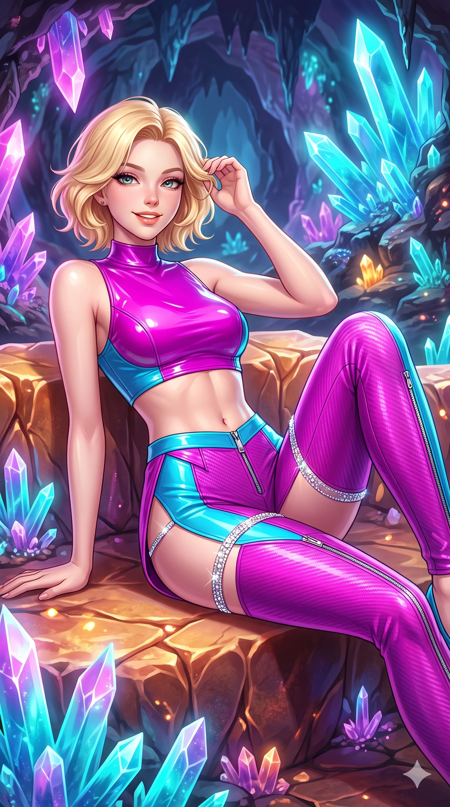 score_9, masterpiece, best quality, ultra-detailed, high-budget anime keyframe, semi-realistic 3D game render, editorial fashion photography, tasteful artistic composition, Caucasian woman. close-up cowboy shot from the waist and thighs up, the character dominates the composition, filling the frame with her large presence. gently brushing a lock of hair behind her ear while casting a playful, flirtatious side-gaze with long eyelashes while lounging gracefully across the warm crystalline stone bench propped on one elbow with legs extended, displaying her long slender limbs and statuesque hourglass silhouette. The surrounding environment is rendered in vivid detail and crisp panoramic clarity: detailed anime keyframe lines, rich glossy textures, and magical subterranean geology in razor-sharp precision. She has an exceptionally elegant, slender, and willowy female figure with an ultra-slim waist, flat toned midriff, narrow ribcage, and sculpted feminine hips creating an alluring, slim hourglass silhouette without bulk. sharp v-shaped jawline, high-bridge nose, intricate jewel-like sparkling eyes with depth, thick eyelashes, glossy parted lips with a natural peach sheen, bright cheerful beaming smile with an enchanting and coquettish sensual glint, exuding both youthful cute charm and seductive allure, flawlessly proportioned anatomical accuracy, strict slender model proportions, natural body alignment, perfectly sculpted long slender limbs, ultra-slim waistline, clean dynamic posture without body distortion. wearing a glossy vinyl crop top and high-waist tailored leggings with sleek chrome zippers and exposed midriff in Neo-Shinjuku neon magenta and electric cyan, woven from structured carbon-fiber jacquard with rich textural depth, finished with delicate crystal-encrusted thigh garter straps glinting in the dim light, the high-slit wrap tailoring accentuating her ultra-slim waistline and the enchanting curve of her feminine hips with alluring seductive charm. bathed in the natural phosphorescent glow of ultraviolet and cyan crystals combined with warm mineral pool LEDs. highly saturated vibrant anime colors, detailed shading with soft gradients, rich glossy textures, high-contrast stereoscopic depth, volumetric dynamic lighting, master piece, 9:16 ratio