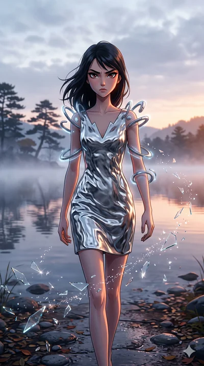 score_9, masterpiece, best quality, ultra-detailed, Set A: High-budget Anime Keyframe, Japanese woman. Upper body close-up from the thighs up, character filling the screen for maximum presence. Walking gracefully through a misty lakeside at dawn, wit