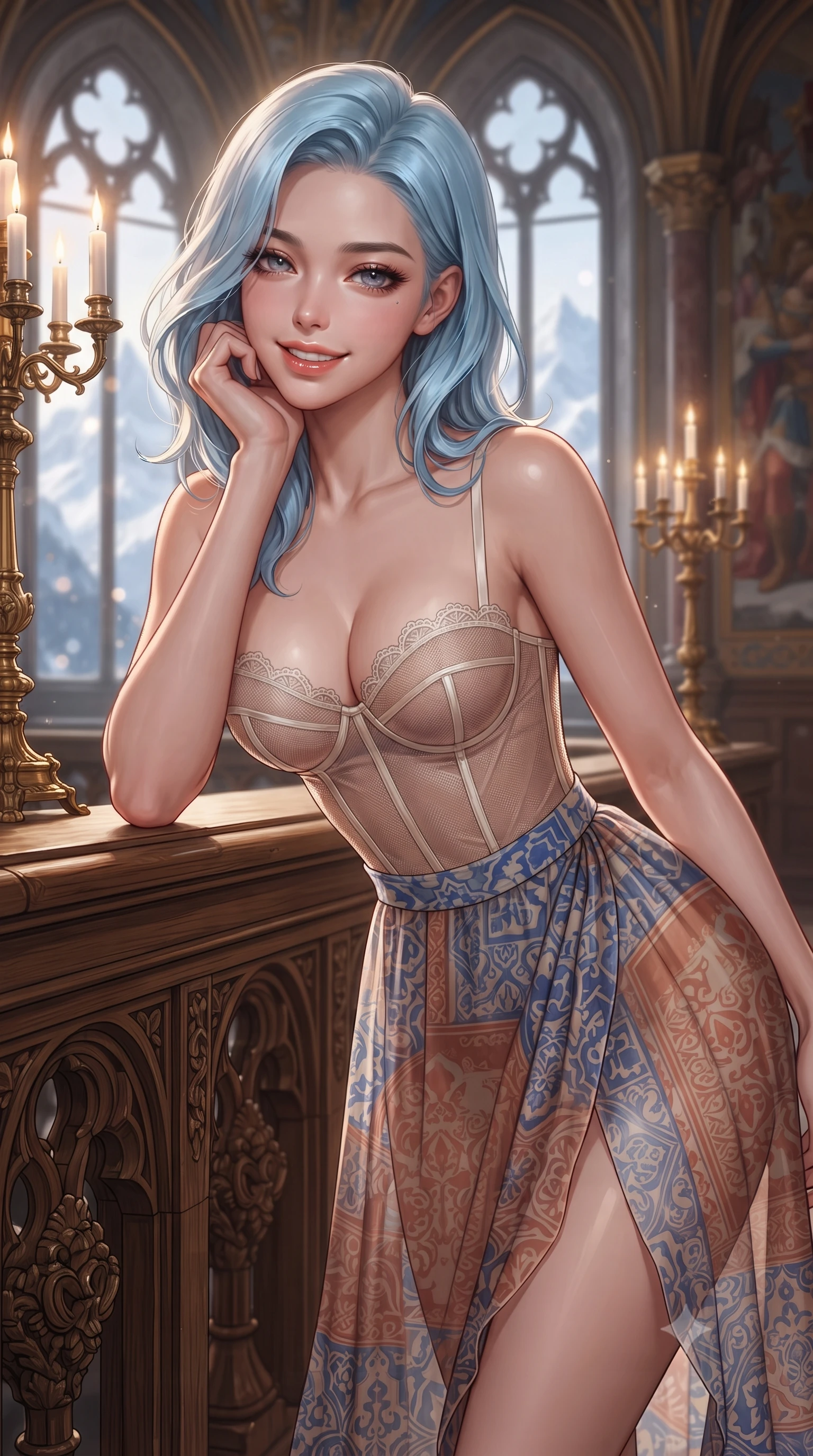 score_9, masterpiece, best quality, ultra-detailed, high-budget anime keyframe, editorial fashion photography, tasteful artistic composition, Korean woman. close-up cowboy shot from the waist and thighs up, the character dominates the composition, filling the frame with her large presence. resting one elbow on the table and supporting her chin, leaning close to the camera with heavy-lidded sparkling eyes and parted lips while leaning against the carved oak choir balustrade with hips cocked back, looking through towering arched lancet windows at snow-covered Alpine peaks with heavy-lidded bedroom-eyes. The background shows a soft-focus elaborate gilded multi-branched brass candelabra chandeliers, medieval chivalric wall murals, and blue Alpine twilight peaks blurred into champagne, ruby, and cobalt bokeh. She has an exceptionally elegant, slender, and willowy female figure with an ultra-slim waist, flat toned midriff, narrow ribcage, and sculpted feminine hips creating an alluring, slim hourglass silhouette without bulk. sharp v-shaped jawline, high-bridge nose, intricate jewel-like sparkling eyes with depth, thick eyelashes, glossy parted lips with a natural peach sheen, bright cheerful beaming smile with an enchanting and coquettish sensual glint, exuding both youthful cute charm and seductive allure, flawlessly proportioned anatomical accuracy, strict slender model proportions, natural body alignment, perfectly sculpted long slender limbs, ultra-slim waistline, clean dynamic posture without body distortion. wearing a provocative translucent mesh corset bodice with boned satin channels paired with a sheer chiffon wrap maxi skirt in Andalusian Alhambra azulejo cobalt and warm terracotta copper, made of sheer gossamer chiffon that drapes softly against skin with airy translucence, finished with scalloped eyelash lace trim framing her sweetheart neckline with intimate elegance, the bespoke structured tailoring following the natural line of her 8.5-heads silhouette with refined elegance. illuminated by parquet reflection bounce and sharp imperial-gold rim lights defining her razor-sharp jawline, narrow waist, and curvy hips. ultra-reflective glossy finish, specular highlights, rich textural contrasts, high-contrast stereoscopic depth, volumetric dynamic lighting, 2k, ultra detail, master piece, 9:16 ratio