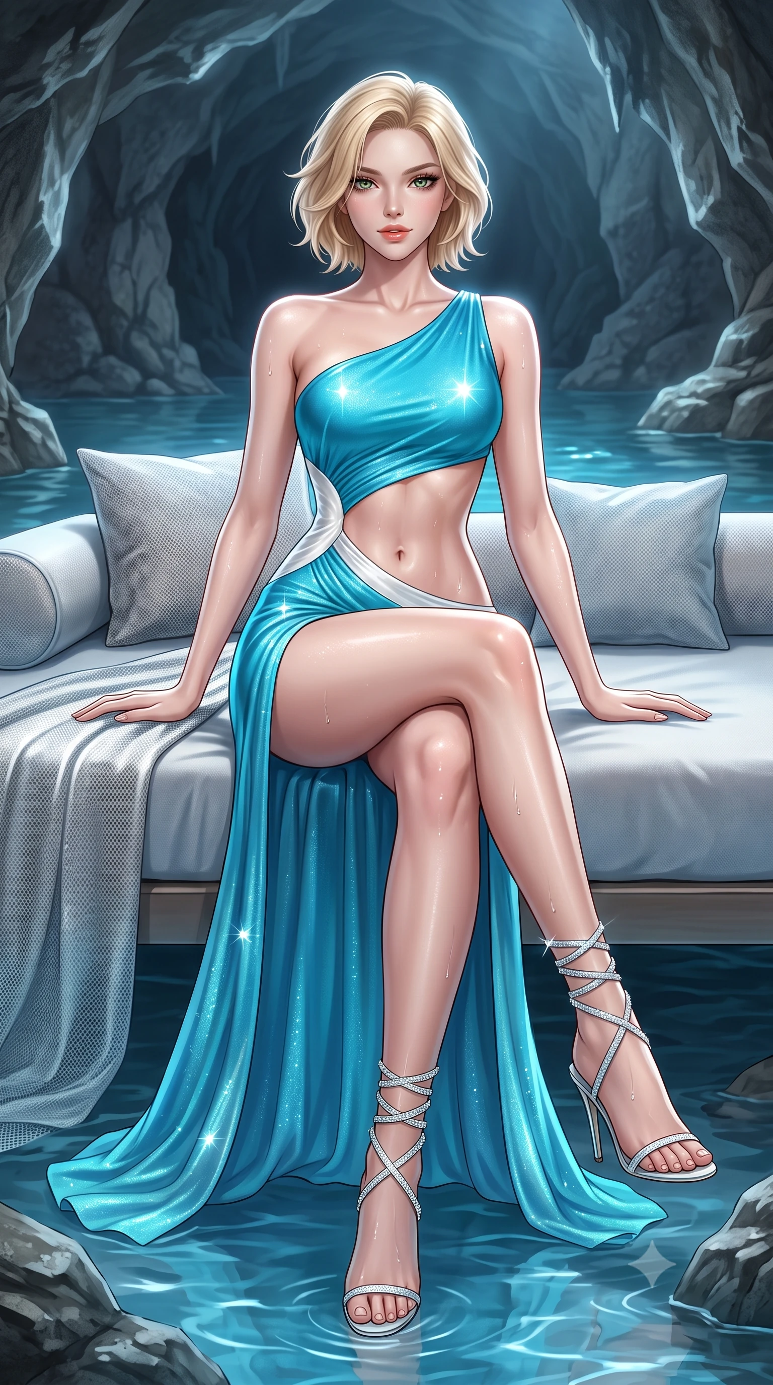 score_9, masterpiece, best quality, ultra-detailed, high-budget anime keyframe, semi-realistic 3D game render, editorial fashion photography, tasteful artistic composition, Caucasian woman. low angle full-body shot from head to toe showing her feet, filling the entire 9:16 vertical frame with her statuesque presence, stretching her vertical silhouette. lounging on the lavish daybed with legs crossed and hips angled toward the camera, displaying her toned midriff and long slender limbs with effortless siren poise while lounging in the shallow cave pool propped on one hand, her wet-look silhouette radiating mystical Mediterranean enchantment. The surrounding environment is rendered in vivid detail and crisp panoramic clarity: detailed semi-sheer mesh monokini weave, dewy moisture beads on skin, and natural cavern geology in razor-sharp precision. She has an absolutely perfect, statuesque 8.5-heads proportion, an exceptionally tall and slender model-like female figure with impossibly long slender legs, an ultra-slim waist, a flat toned midriff, narrow delicate ribcage, and beautifully sculpted feminine hips creating a graceful, slim hourglass silhouette without any bulky heaviness. sharp v-shaped jawline, high-bridge nose, sparkling eyes with hypnotic seductive depth, thick curled eyelashes, glossy parted lips with a natural dewy peach sheen, alluring bedroom-eyes with an enchanting coquettish smile, exuding magnetic siren charisma and sophisticated glamour, flawlessly proportioned anatomical accuracy, strict slender model proportions, natural body alignment, perfectly sculpted long slender limbs, ultra-slim waistline, clean dynamic posture without body distortion. wearing an asymmetric one-shoulder liquid jersey gown with dramatic hip-high slit and sculptural waist cutout in Capri turquoise and pure pearl white, woven from stretch metallic lurex jersey casting radiant starlight glints across her silhouette, complemented by strappy stiletto sandals with crystal ankle wraps accentuating her slender calves, the high-slit wrap tailoring accentuating her ultra-slim waistline and the enchanting curve of her feminine hips with alluring seductive charm. illuminated by subterranean water reflection bounce and sharp icy-platinum rim lights defining her delicate clavicles, narrow waist, and curvy hips. highly saturated vibrant anime colors, detailed shading with soft gradients, rich glossy textures, high-contrast stereoscopic depth, volumetric dynamic lighting, master piece, 9:16 ratio