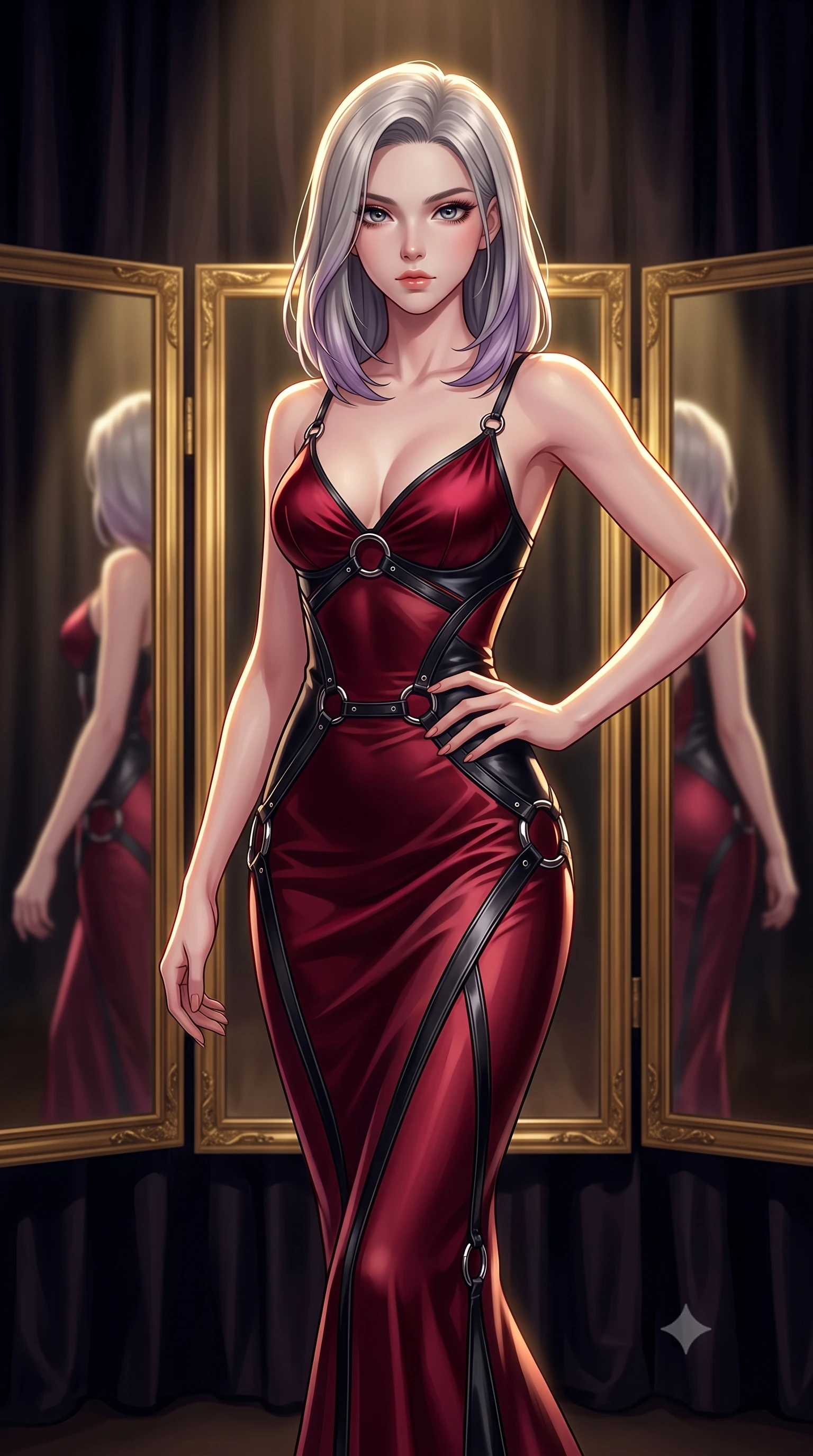 score_9, masterpiece, best quality, ultra-detailed, high-budget anime keyframe, editorial fashion photography, tasteful artistic composition, Caucasian woman. close-up cowboy shot from the waist and thighs up, the character dominates the composition, filling the frame with her large presence, background elements kept in soft focus. Holding a confident power pose with one hand on her hip, walking past gold-framed mirror panels reflecting her sleek silhouette, single warm key spotlight tracing every curve of her ultra-slim waist. She has an exceptionally elegant, slender, and willowy female figure with an ultra-slim waist, a gracefully sculpted slender torso, and a refined silhouette. sharp v-shaped jawline, high-bridge nose, intricate jewel-like eyes with depth, thick eyelashes, glossy lips with a natural sheen. wearing form-contouring dark crimson liquid silk long slip dress in dark plum violet, made of polished black leather, accented with sculpted obsidian chrome rings at the waist, following her slender form with tailored precision. lit by intense golden spotlighting contrasting against dark velvet shadows. highly saturated vibrant anime colors, detailed shading with soft gradients, rich glossy textures, high-contrast stereoscopic depth, volumetric dynamic lighting, master piece, 9:16 ratio