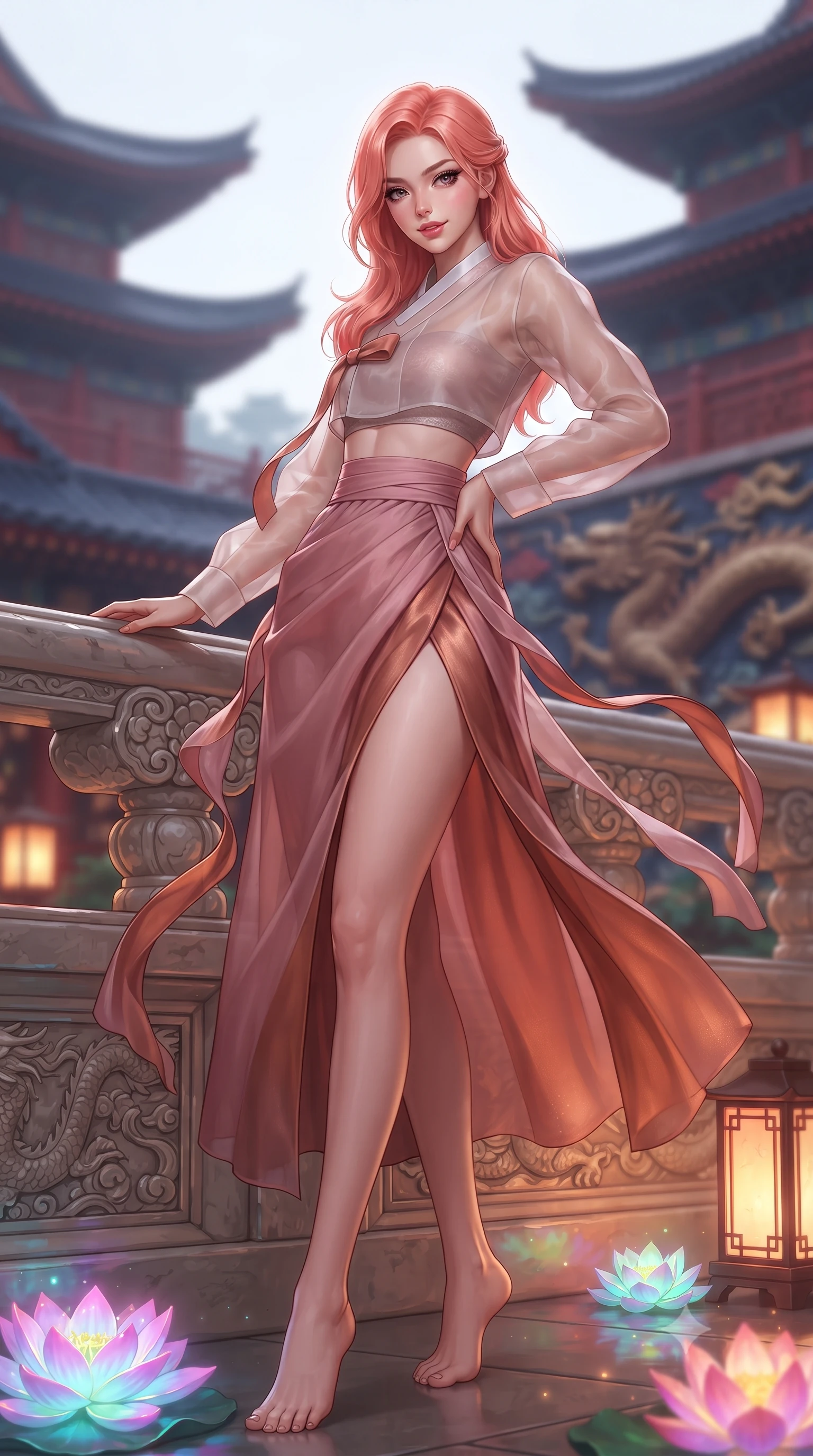 score_9, masterpiece, best quality, ultra-detailed, high-budget anime keyframe, editorial fashion photography, tasteful artistic composition, Japanese woman. low angle full-body shot from head to toe showing her feet, filling the entire 9:16 vertical frame with her statuesque presence, stretching her vertical silhouette. standing in a tall, confident posture with one hand on the carved palace railing, stretching her statuesque body as she arches her lower back to emphasize her sculpted feminine hips and slender waist while twisting her slender torso in an alluring S-curve, glowing neon water lilies and traditional lanterns casting colorful reflections across her hips. The background shows a soft-focus sweeping upturned pagoda roofs with carved undulating dragon walls blurred into rich vermilion, imperial gold, and midnight blue bokeh. She has an absolutely perfect, statuesque 8.5-heads proportion, an exceptionally tall and slender model-like female figure with impossibly long slender legs, an ultra-slim waist, a flat toned midriff, narrow delicate ribcage, and beautifully sculpted feminine hips creating a graceful, slim hourglass silhouette without any bulky heaviness. sharp v-shaped jawline, high-bridge nose, intricate jewel-like dark sparkling almond eyes with depth, thick lashes, glossy parted lips with a natural rose-plum sheen, bright alluring and coquettish smile with bedroom-eyes, exuding both timeless oriental elegance and sovereign high-fashion allure, flawlessly proportioned anatomical accuracy, strict slender model proportions, natural body alignment, perfectly sculpted long slender limbs, ultra-slim waistline, clean dynamic posture without body distortion. wearing a cropped semi-sheer silk organza jeogori top paired with an ultra-high-waisted wrapped chima skirt featuring a dramatic thigh-high side slit in dusty rose pink and burnished copper, tailored from sheer gossamer silk organza with an airy weightless flutter, accented with flowing gossamer silk ribbons that flutter dynamically in the evening breeze, the form-contouring cut accentuating her sculpted flat midriff, narrow delicate ribcage, and gracefully curvy hips with regal oriental supermodel elegance. illuminated by pavilion floor light panels and sharp gold rim lights defining her razor-sharp jawline, narrow waist, and curvy hips. ultra-reflective glossy finish, specular highlights, rich textural contrasts, high-contrast stereoscopic depth, volumetric dynamic lighting, 2k, ultra detail, master piece, 9:16 ratio