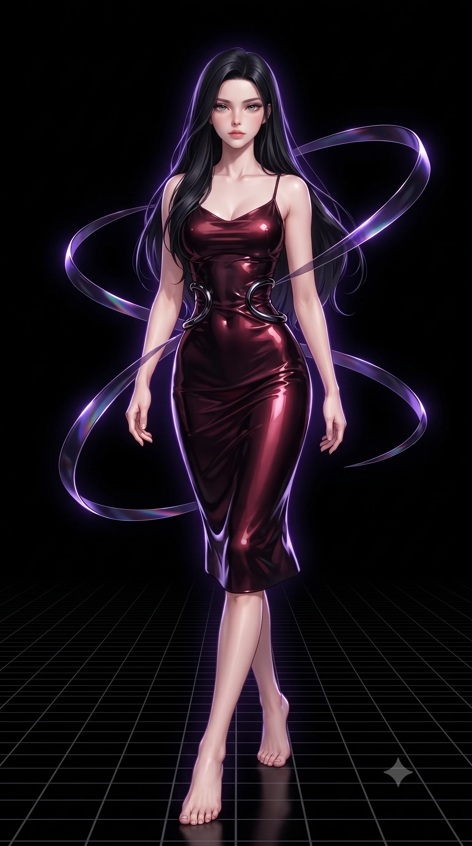 score_9, masterpiece, best quality, ultra-detailed, high-budget anime keyframe, editorial fashion photography, tasteful artistic composition, Korean woman. low angle full-body shot from head to toe showing her feet, filling the entire 9:16 vertical frame with her statuesque presence, stretching her vertical silhouette. stepping gracefully through the dark environment, stretching her statuesque silhouette, poised on a black grid floor while dark violet holographic ribbons orbit her form, pitch-black digital void background creating absolute subject isolation. She has an absolutely perfect, statuesque 8.5-heads proportion, an exceptionally tall and slender model-like female figure with impossibly long slender legs and an ultra-slim waist. sharp v-shaped jawline, high-bridge nose, intricate jewel-like eyes with depth, thick eyelashes, glossy lips with a natural sheen. wearing form-contouring dark crimson liquid silk long slip dress in smoky pitch black, made of high-gloss liquid vinyl, accented with sculpted obsidian chrome rings at the waist, highlighting her statuesque proportions and ultra-slim waistline. surrounded by a glowing violet matrix aura with sharp edge highlights. highly saturated vibrant anime colors, detailed shading with soft gradients, rich glossy textures, high-contrast stereoscopic depth, volumetric dynamic lighting, master piece, 9:16 ratio