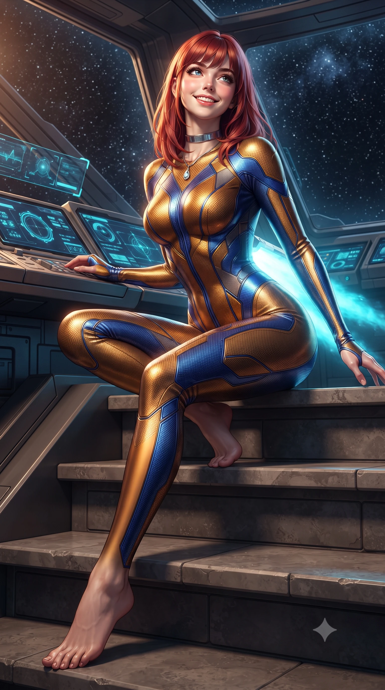 score_9, masterpiece, best quality, ultra-detailed, high-budget anime keyframe, editorial fashion photography, tasteful artistic composition, Caucasian woman. low angle full-body shot from head to toe showing her feet, filling the entire 9:16 vertical frame with her statuesque presence, stretching her vertical silhouette. sitting poised on the stone steps with one knee bent, arching her spine with supermodel elegance as she glances upward through thick eyelashes while twisting her slender torso in an alluring contrapposto stance beside the captain throne, ion engine exhaust plumes casting brilliant cyan reflections across her narrow waist and curvy hips. The surrounding environment is rendered in vivid detail and crisp panoramic clarity: sharp brushed titanium console bezels, crisp holographic vector graphics, and razor-sharp starfield details through panoramic armor-glass in deep focus. She has an exceptionally tall and slender model-like 8.5-heads proportion, an ultra-slim waist, a flat toned midriff, narrow delicate ribcage, and beautifully sculpted feminine hips creating a graceful, slim hourglass silhouette without any bulky heaviness, with impossibly long slender legs. sharp v-shaped jawline, high-bridge nose, intricate jewel-like sparkling eyes with depth, thick eyelashes, glossy parted lips with a natural peach sheen, bright cheerful beaming smile with an enchanting and coquettish sensual glint, exuding both youthful cute charm and seductive allure, flawlessly proportioned anatomical accuracy, strict slender model proportions, natural body alignment, perfectly sculpted long slender limbs, ultra-slim waistline, clean dynamic posture without body distortion. wearing a glove-like stretch carbon-fiber weave catsuit with metallic sheen outlining every millimeter of her statuesque 8.5-heads silhouette in Jovian storm amber and electric cobalt, crafted from bespoke double-faced cashmere with an exceptionally soft tactile finish, finished with a minimalist chrome choker and a single teardrop diamond pendant, the glove-like clinging cut tightly following the natural contour of her hips and long slender legs with youthful 8.5-heads elegance. illuminated by Earth albedo reflection bounce and sharp ion-cyan rim lights sculpting her razor-sharp jawline, narrow waist, and curvy hips. ultra-reflective glossy finish, specular highlights, rich textural contrasts, high-contrast stereoscopic depth, volumetric dynamic lighting, 2k, ultra detail, master piece, 9:16 ratio