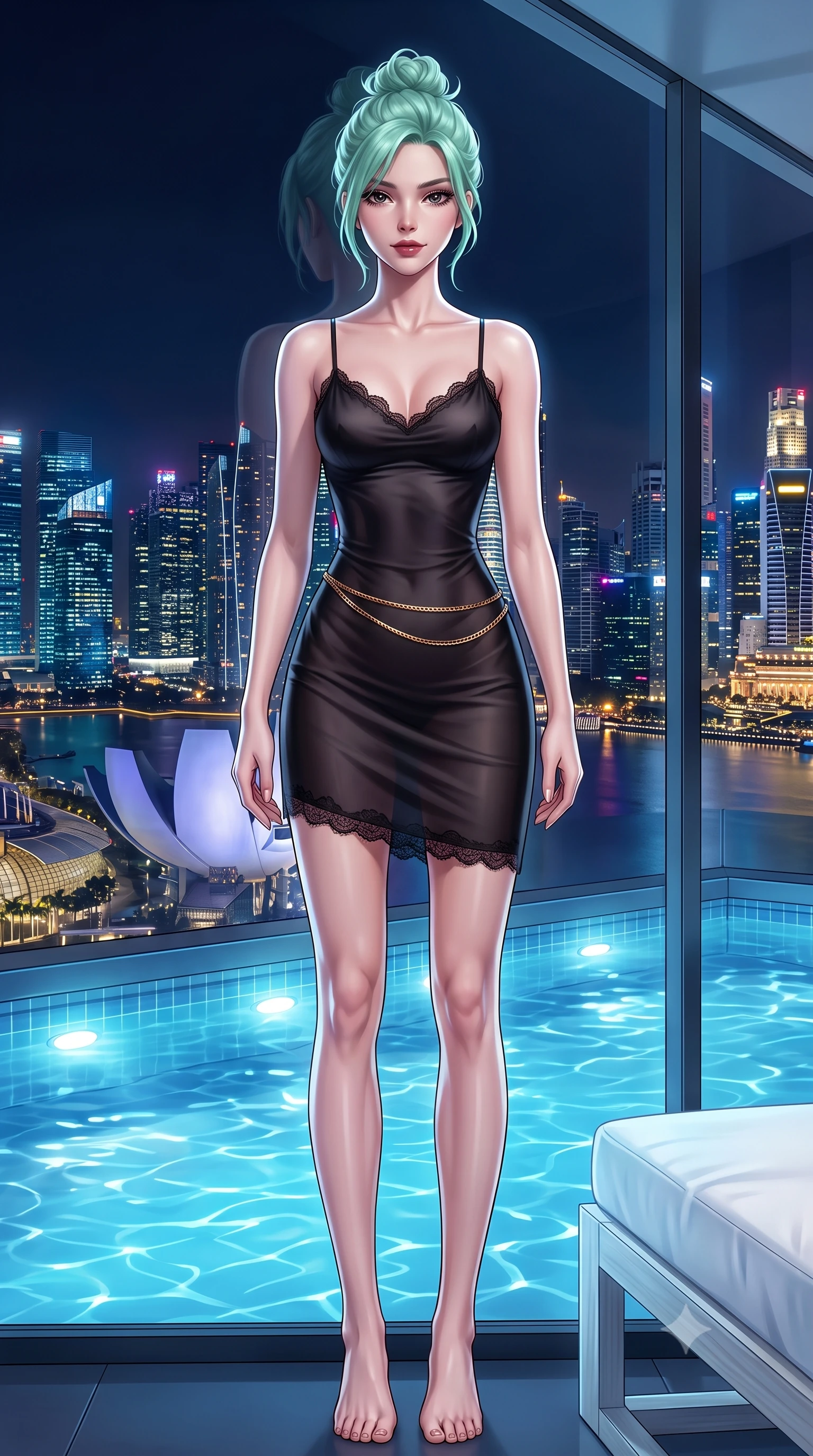 score_9, masterpiece, best quality, ultra-detailed, high-budget anime keyframe, semi-realistic 3D game render, editorial fashion photography, tasteful artistic composition, Japanese woman. low angle full-body shot from head to toe showing her feet, filling the entire 9:16 vertical frame with her statuesque presence, stretching her vertical silhouette. leaning back against the panoramic glass window with hips cocked back in an unapologetically alluring high-fashion stance, illuminated by the city night vista while lounging beside the illuminated rooftop water basin on a white teak daybed, arching her spine with sovereign supermodel poise against the skyline. The surrounding environment is rendered in vivid detail and crisp panoramic clarity. detailed gown texture, glowing skin highlights, and Marina Bay architectural precision in high resolution. She has an exceptionally tall and slender model-like 8.5-heads proportion, an ultra-slim waist, a flat toned midriff, narrow delicate ribcage, and beautifully sculpted feminine hips creating a graceful, slim hourglass silhouette without any bulky heaviness, with impossibly long slender legs. sharp v-shaped jawline, high-bridge nose, intricate jewel-like dark sparkling eyes with dangerous depth, thick curled eyelashes, glossy parted lips with a rich wine sheen, smoldering seductive half-smile with bedroom-eyes, exuding effortless superiority and intoxicating dark allure, flawlessly proportioned anatomical accuracy, strict slender model proportions, natural body alignment, perfectly sculpted long slender limbs, ultra-slim waistline, clean dynamic posture without body distortion. wearing a strappy black silk slip dress with delicate lace scallop edging along the neckline and hem in dark emerald green and brushed antique bronze, made of semi-opaque dark contouring mesh clinging like a second skin, finished with a delicate gold snake chain belt resting loosely across her curvy hips, the glove-like silhouette tightly following the natural contour of her hips and long slender legs with youthful 8.5-heads elegance. illuminated by underwater pool LED downlights and crisp silver rim lighting sharply sculpting her razor-sharp jawline, narrow waist, and curvy hips. highly saturated vibrant anime colors, detailed shading with soft gradients, rich glossy textures, high-contrast stereoscopic depth, volumetric dynamic lighting, master piece, 9:16 ratio