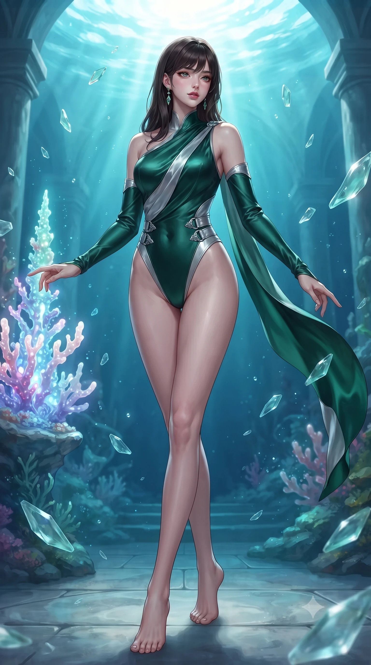 score_9, masterpiece, best quality, ultra-detailed, high-budget anime keyframe, editorial fashion photography, tasteful artistic composition, Korean woman. low angle full-body shot from head to toe showing her feet, filling the entire 9:16 vertical frame with her statuesque presence, stretching her vertical silhouette. interacting gracefully with the magical floating elements while maintaining a confident posture touching a bioluminescent coral spire in a sun-drenched underwater cathedral, translucent sea glass fragments drifting gracefully around her. She has an absolutely perfect, statuesque 8.5-heads proportion, an exceptionally tall and slender model-like female figure with impossibly long slender legs and an ultra-slim waist. sharp v-shaped jawline, high-bridge nose, intricate jewel-like eyes with depth, thick eyelashes, glossy lips with a natural sheen. wearing an asymmetrical high-cut tech-bodysuit with detached sleeves in deep emerald green and silver accent, crafted from lustrous satin jersey with fluid draping, detailed with polished silver buckles along the waistline, the elegant draped fit framing her graceful clavicle and slender torso. surrounded by a shimmering ocean aura with bright pearl-white rim lights. ultra-reflective glossy finish, specular highlights, metallic sheen, high-contrast stereoscopic depth, volumetric dynamic lighting, 2k, ultra detail, master piece, 9:16 ratio