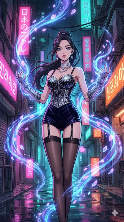 score_9, masterpiece, best quality, ultra-detailed, high-budget anime movie keyframe, cinematic anime lighting, intricate line art, Korean anime girl. Low angle cowboy shot filling the entire 9:16 frame with her statuesque presence. summoning mystica