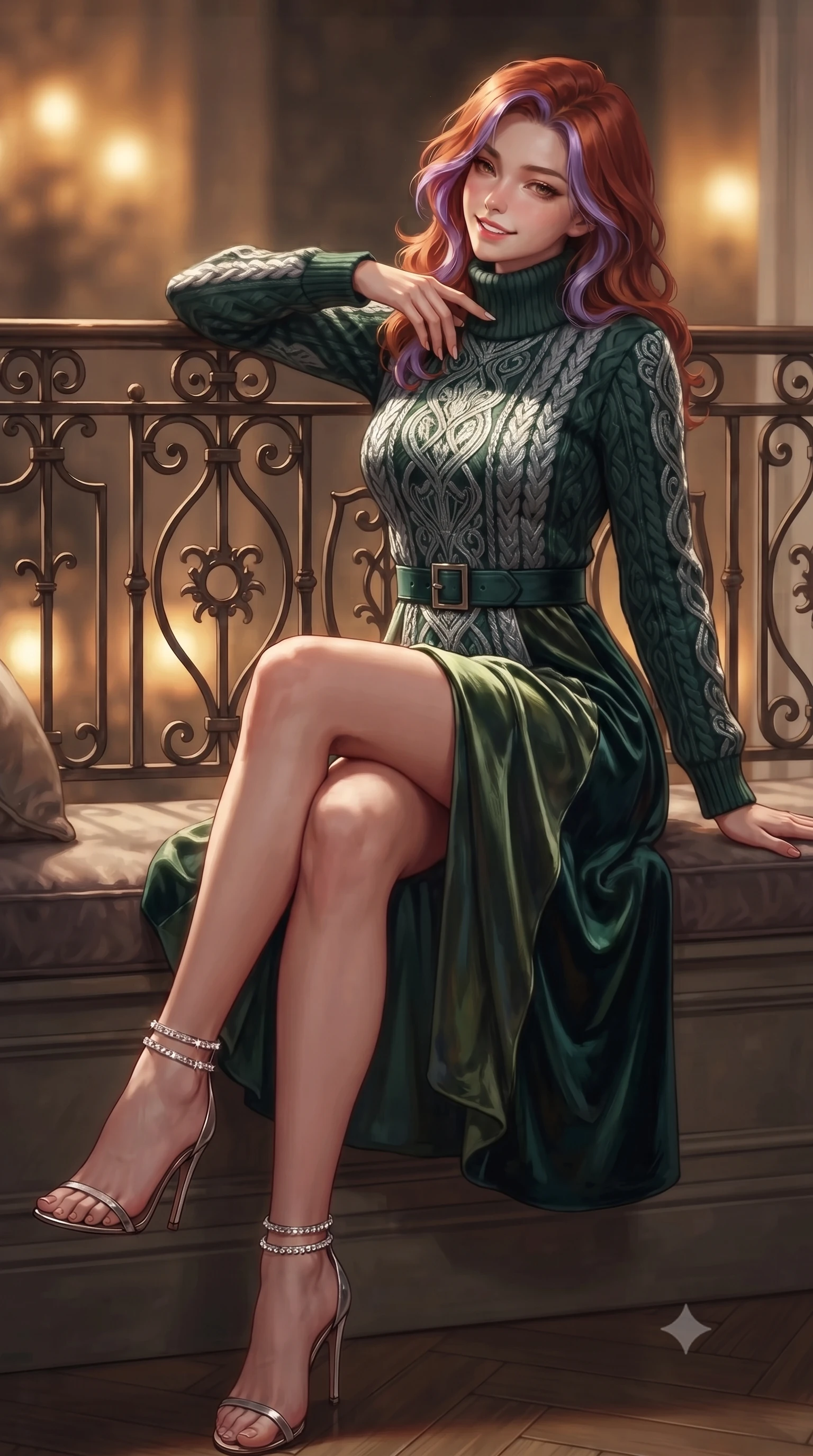 score_9, masterpiece, best quality, ultra-detailed, high-budget anime keyframe, editorial fashion photography, tasteful artistic composition, Caucasian woman. close-up cowboy shot from the waist and thighs up, the character dominates the composition, filling the frame with her large presence. leaning back against the balustrade with relaxed seductive grace, head tilted back slightly while casting a hypnotic, heavy-lidded gaze while sitting perched gracefully on the deep window bench with legs crossed, running one manicured hand slowly down her collarbone with magnetic poise. The background shows a soft-focus warm studio lamp glow softened in historic Impressionist port shallow focus. She has an exceptionally elegant, slender, and willowy female figure with an ultra-slim waist, flat toned midriff, narrow ribcage, and sculpted feminine hips creating an alluring, slim hourglass silhouette without bulk. sharp v-shaped jawline, high-bridge nose, intricate jewel-like sparkling eyes with depth, thick eyelashes, glossy parted lips with a natural peach sheen, bright cheerful beaming smile with an enchanting and coquettish sensual glint, exuding both youthful cute charm and seductive allure, flawlessly proportioned anatomical accuracy, strict slender model proportions, natural body alignment, perfectly sculpted long slender limbs, ultra-slim waistline, clean dynamic posture without body distortion. wearing an elegant high-collar Nordic merino wool cable-knit sweater dress with belted waistline in Art Nouveau malachite green and antique starlight silver, tailored from ultra-plush silk velvet with rich tactile depth and deep shadow gradients, complemented by strappy stiletto sandals with crystal ankle wraps accentuating her slender calves, the bespoke structured tailoring following the natural line of her 8.5-heads silhouette with refined elegance. illuminated by oak floor bounce and sharp honey-gold rim lights defining her razor-sharp jawline, narrow waist, and curvy hips. ultra-reflective glossy finish, specular highlights, rich textural contrasts, high-contrast stereoscopic depth, volumetric dynamic lighting, 2k, ultra detail, master piece, 9:16 ratio