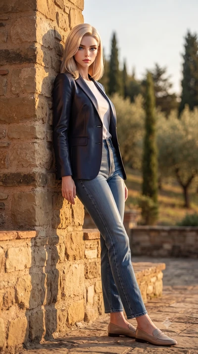 score_9, masterpiece, best quality, ultra-detailed, high-budget anime keyframe, editorial fashion photography, tasteful artistic composition, Caucasian woman woman. low angle full-body shot from head to toe showing her feet, filling the entire 9:16 v