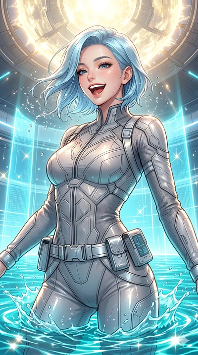 score_9, masterpiece, best quality, ultra-detailed, high-budget anime keyframe, Korean woman. Upper body close-up from the thighs up, character filling the screen for maximum presence. She is emerging from a virtual holographic ocean under a giant ar