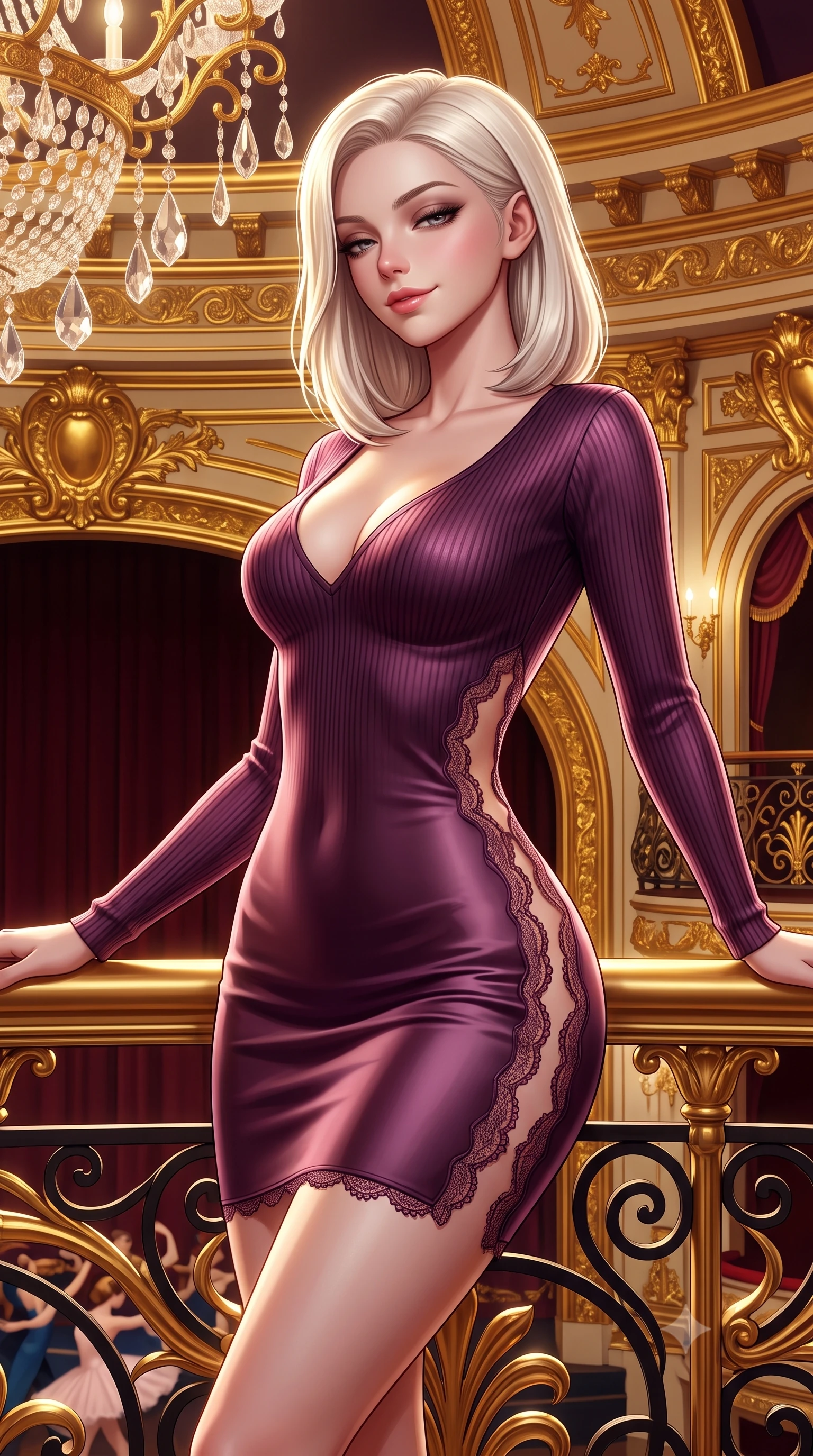 score_9, masterpiece, best quality, ultra-detailed, high-budget anime keyframe, semi-realistic 3D game render, editorial fashion photography, tasteful artistic composition, Caucasian woman. close-up cowboy shot from the waist and thighs up, the character dominates the composition, filling the frame with her large presence. leaning back against the balustrade with relaxed seductive grace, head tilted back slightly while casting a hypnotic, heavy-lidded gaze while leaning over the gilded balustrade with hips cocked back, looking down at the swirling dancers below with a teasing, smoldering bedroom-gaze. The surrounding environment is rendered in vivid detail and crisp panoramic clarity: sharp 24-karat gold leaf carvings on moldings, faceted crystal chandelier drops, and wrought-iron scrollwork in deep focus. She has an exceptionally elegant, slender, and willowy female figure with an ultra-slim waist, flat toned midriff, narrow ribcage, and sculpted feminine hips creating an alluring, slim hourglass silhouette without bulk. sharp v-shaped jawline, high-bridge nose, sparkling eyes with hypnotic seductive depth, thick curled eyelashes, glossy parted lips with a natural dewy peach sheen, alluring bedroom-eyes with an enchanting coquettish smile, exuding magnetic siren charisma and sophisticated glamour, flawlessly proportioned anatomical accuracy, strict slender model proportions, natural body alignment, perfectly sculpted long slender limbs, ultra-slim waistline, clean dynamic posture without body distortion. wearing a plunging V-neck fine rib-knit sweater dress with daring side-lace openings tracing her hip curve in deep plum violet and rose gold, crafted from fluid liquid silk satin that clings smoothly to every curve with a dewy sheen, finished with scalloped eyelash lace trim framing her sweetheart neckline with intimate elegance, the liquid-tight tailored fabric clinging flawlessly to her narrow waist and rounded feminine hips, emphasizing every millimeter of her sculpted slim hourglass curves without any bulky heaviness. illuminated by gilded surface bounce and sharp platinum-gold rim lights sculpting her jawline, flat midriff, and voluptuous hip curves. highly saturated vibrant anime colors, detailed shading with soft gradients, rich glossy textures, high-contrast stereoscopic depth, volumetric dynamic lighting, master piece, 9:16 ratio